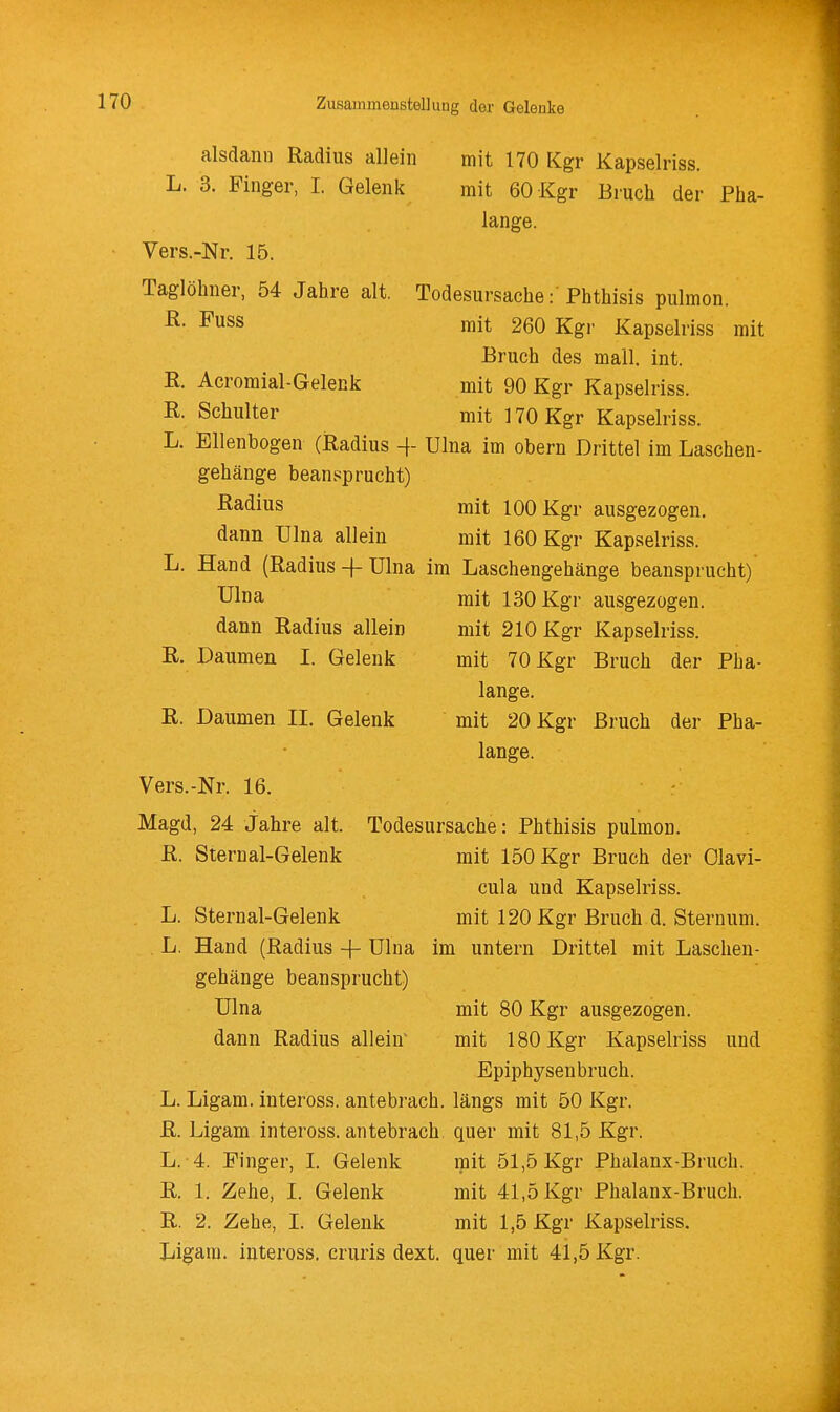 alsdann Radius allein mit 170 Kgr Kapselriss. L. 3. Finger, I. Gelenk mit 60 Kgr Bruch der Pha- lange. Vers.-Nr. 15. Taglöhner, 54 Jahre alt. Todesursache: Phthisis pulmon. ^- ^ss mit 260 Kgi- Kapselriss mit Bruch des mall. int. K. Acromial-Gelenk mit 90 Kgr Kapselriss. R. Schulter mit 170 Kgr Kapselriss. L. Ellenbogen (Radius -f- Ulna im obern Drittel im Laschen- gehänge beansprucht) J^^dius mit 100 Kgr ausgezogen, dann Ulna allein mit 160 Kgr Kapselriss. L. Hand (Radius-j-Ulna im Laschengehänge beansprucht) Ulna mit 130 Kgr ausgezogen, dann Radius allein mit 210 Kgr Kapselriss. R. Daumen L Gelenk mit 70 Kgr Bruch der Pha- lange. R. Daumen IL Gelenk mit 20 Kgr Bruch der Pha- lange. Vers.-Nr. 16. Magd, 24 Jahre alt. Todesursache: Phthisis pulmon. R. Sternal-Gelenk mit 150 Kgr Bruch der Olavi- cula und Kapselriss. . L. Sternal-Gelenk mit 120 Kgr Bruch d. Sternum. L. Hand (Radius -f- Ulna im untern Drittel mit Laschen- gehänge beansprucht) ülna mit 80 Kgr ausgezogen, dann Radius allein' mit 180 Kgr Kapselriss und Epiphysenbruch. L. Ligam. inteross. antebrach. längs mit 50 Kgr. R. Ligam inteross. antebrach quer mit 81,5 Kgr. L. 4. Pinger, L Gelenk mit 51,5 Kgr Phalanx-Bruch. R. 1. Zehe, I. Gelenk mit 41,5 Kgr Phalanx-Bruch. R. 2. Zehe, I. Gelenk mit 1,5 Kgr Kapselriss, Ligam. inteross. cruris dext. quer mit 41,5 Kgr.