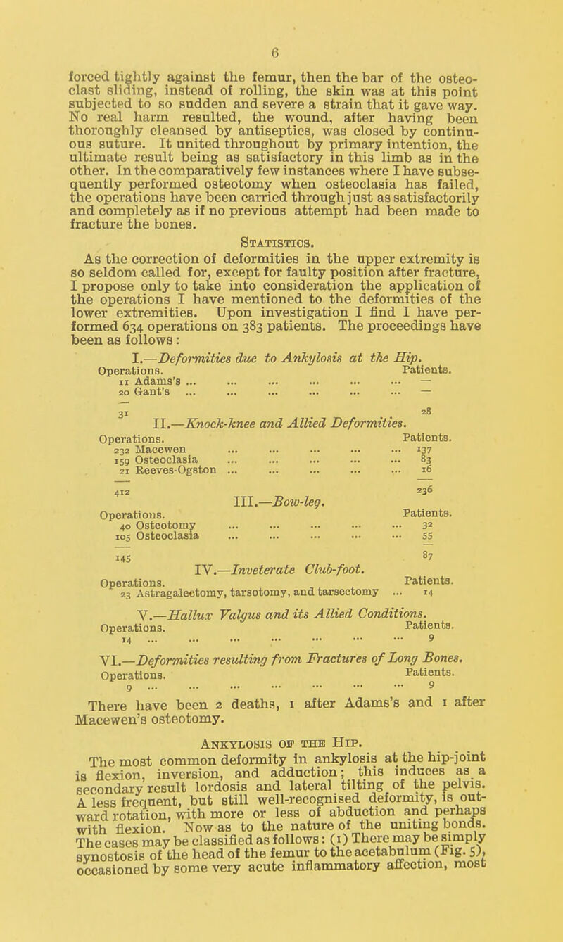 forced tiglitly against the femur, then the bar of the osteo- clast sliding, instead of rolling, the skin was at this point subjected to so sudden and severe a strain that it gave way. No real harm resulted, the wound, after having been thoroughly cleansed by antiseptics, was closed by continu- ous suture. It united throughout by primary intention, the ultimate result being as satisfactory in this limb as in the other. In the comparatively few instances where I have subse- quently performed osteotomy when osteoclasia has failed, the operations have been carried through just as satisfactorily and completely as if no previous attempt had been made to fracture the bones. Statistics. As the correction of deformities in the upper extremity is so seldom called for, except for faulty position after fracture, I propose only to take into consideration the application of the operations I have mentioned to the deformities of the lower extremities. Upon investigation I find I have per- formed 634 operations on 383 patients. The proceedings have been as follows: I.—Deformities due to Ankylosis at tJie Hip. Operations. Patients. II Adams's ... ... ... ... ... ... — 20 Gant's ... ... ... ... ... ... — 31 28 II.—Knock-knee and Allied Deformities. Operations. Patients. 232 Macewen ... ... ... ... ... 137 159 Osteoclasia ... ... ... ... ... 83 21 Reeves-Ogston ... ... ... ... ... 16 412 236 111.—Bow-leg. Operations. Patients. 40 Osteotomy ... ... ... ... .•• 32 los Osteoclasia ... ... ... ... ... 55 IV.—Inveterate Club-foot. Operations. Patients. 23 Astragalectomy, tarsotomy, and tarseotomy ... 14 V.—Hallux Valgus and its Allied Conditions. Operations. Patients. 14 9 Yl.—Deformities resulting from Fractures of Long Bones. Operations. Patients. 9 9 There have been 2 deaths, i after Adams's and i after Macewen's osteotomy. Ankylosis op the Hip. The most common deformity in ankylosis at the hip-joint is flexion, inversion, and adduction; this induces as a secondary result lordosis and lateral tilting of the pelvis. A less frequent, but still well-recognised deformity, is out- ward rotation, with more or less of abduction and perhaps with flexion. Now as to the nature of the uniting bonds. The cases may be classified as follows: (i) There may be simply synostosis of the head of the femur to the acetabulum (Dig. s;, occasioned by some very acute inflammatory afl^ection, most