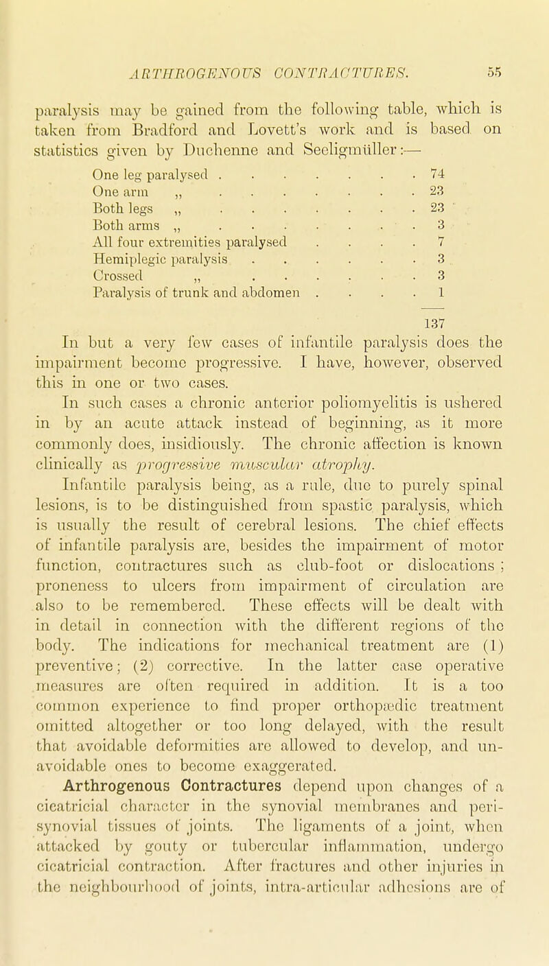 paralysis may be gained from the following table, which is taken from Bradford and Lovett's work and is based on statistics given by Duchenne and Seeligmtiller:— One leg paralysed V4 One arm „ 23 Both legs „ 23 Both arms „ .3 All four extremities paralysed .... 7 Hemiplegic paralysis 3 Crossed „ ...... 3 Paralysis of trunk and abdomen . . . . 1 137 In but a very few cases of infantile paralysis does the impairment become progressive. I have, however, observed this in one or two cases. In such cases a chronic anterior poliomyelitis is ushered in by an acute attack instead of beginning, as it more commonly does, insidiously. The chronic affection is known clinically as progressive muscular atrophy. Infantile paralysis being, as a rule, due to purely spinal lesions, is to be distinguished from spastic paralysis, which is usually tbe result of cerebral lesions. The chief effects of infantile paralysis are, besides the impairment of motor function, contractures such as club-foot or dislocations ; proneness to ulcers from impairment of circulation are also to be remembered. These effects will be dealt with in detail in connection with the different regions of the body. The indications for mechanical treatment are (1) preventive; (2) corrective. In the latter case operative measures are often required in addition. It is a too common experience to find proper orthop;edic treatment omitted altogether or too long delayed, with the result that avoidable deformities are allowed to develop, and un- avoidable ones to become exaggerated. Arthrogenous Contractures depend upon changes of a cicatricial character in the synovial membranes and peri- synovial tissues of joints. The ligaments of a joint, when attacked by gouty or tubercular inflammation, undergo cicatricial contraction. After fractures and other injuries m the neighbourhood of joints, intra-articular adhesions are of