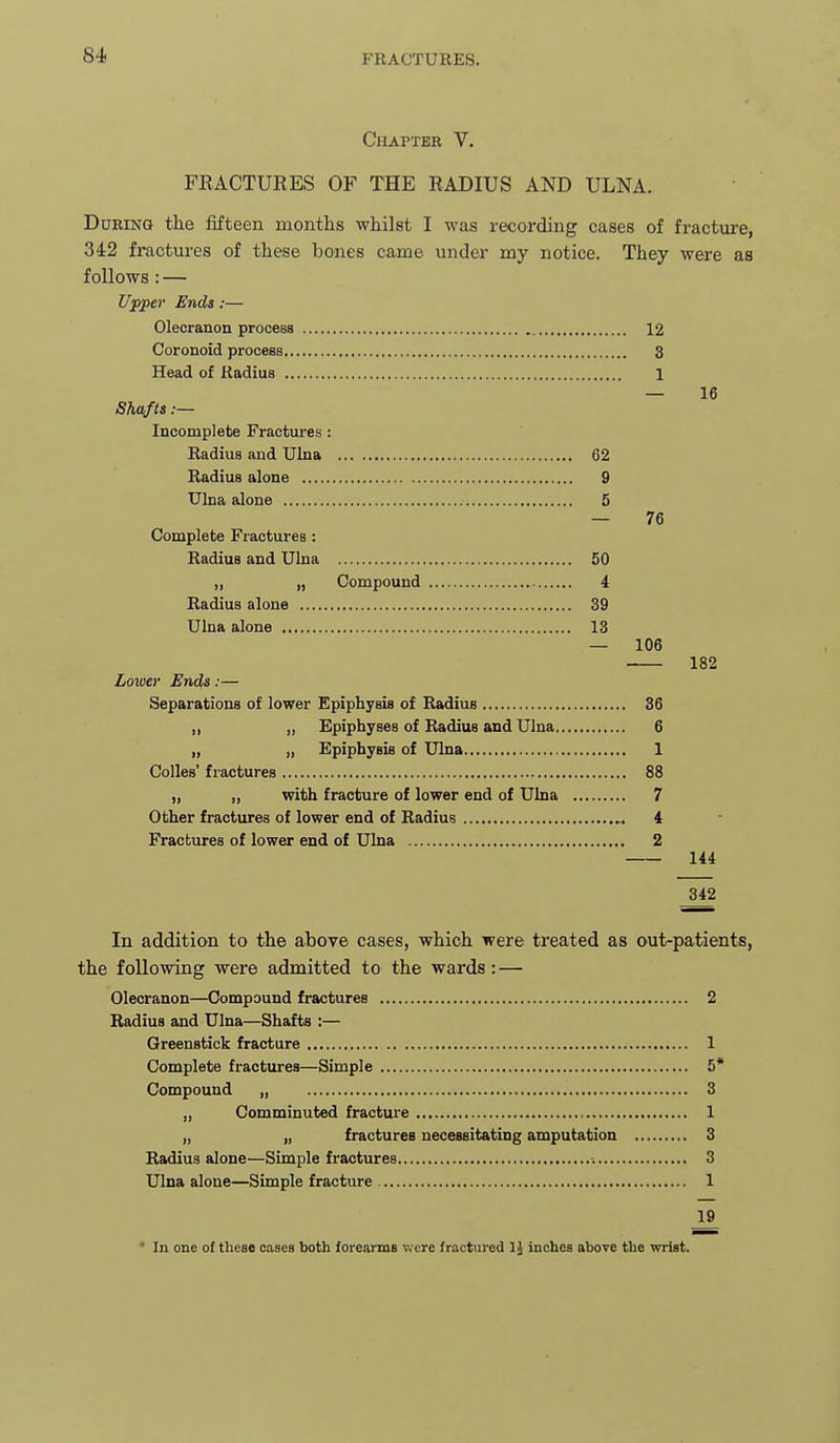 Chapter V. FRACTURES OF THE RADIUS AND ULNA. During tlie fifteen months whilst I was recording cases of fracture, 342 fractures of these bones came under my notice. They were as follows : — Upper Ends:— Olecranon process 12 Coronoid process 3 Head of Radius 1 — 16 Shafts:— Incomplete Fractures: Radius and Ulna 62 Radius alone 9 Ulna alone 5 — 76 Complete Fractures : Radius and Ulna 50 „ „ Compound 4 Radius alone 39 Ulna alone 13 — 106 182 Loiuer Ends:— Separations of lower Epiphysis of Radius 36 „ „ Epiphyses of Radius and Ulna 6 „ „ Epiphysis of Ulna 1 Colles' fractures 88 „ „ with fracture of lower end of Ulna 7 Other fractures of lower end of Radius 4 Fractures of lower end of Ulna 2 144 342 In addition to the above cases, which were treated as out-patients, the following were admitted to the wards; — Olecranon—Compound fractures 2 Radius and Ulna—Shafts :— Qreenstick fracture 1 Complete fractures—Simple 5* Compound 3 „ Comminuted fracture 1 „ „ fractures necessitating amputation 3 Radius alone—Simple fractures 3 Ulna alone—Simple fracture 1 19 * In one ol these oases both forearms were fractured IJ inches above the wrist.