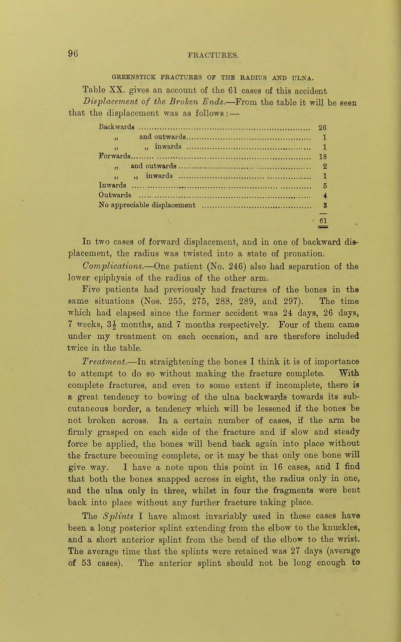 GRBBNSTICK FRACTURES OF THB RADros AND ULNA. Table XX. gives an account of the 61 cases of this accident Displacement of the Broken Ends.—^From the table it will be seen that the displacement was as follows: — Backwards 26 „ and outwards 1 ,, „ inwards 1 Forwards 18 „ and outwards 2 „ „ inwards 1 Inwards 5 Outwards 4 No appreciable displacement 3 61 In two cases of forward displacement, and in one of backward dis- placement, the radius was twisted intO' a state of pronation. Complications.—One patient (No. 246) also had separation of the lower epiphysis of the radius of the other arm. Five patients had previously had fractures of the bones in the same situations (Nos. 255, 275, 288, 289, and 297). The time which had elapsed since the former accident was 24 days, 26 days, 7 weeks, 3 J months, and 7 months respectively. Four of them came under my treatment on each occasion, and are therefore included twice in the table. Treatment.—In straightening the bones I think it is of importance to attempt to dO' so- without making the fracture complete. With complete fractures, and even tO' some' extent if incomplete, there is a great tendency to bowing of the ulna backwards towards its sub- cutaneous border, a tendency which will be lessened if the bones be not broken across. In a certain number of cases, if the arm be firmly grasped on each side of the fracture and if slow and steady force be applied, the bones will bend back again into place without the fracture becoming complete, or it may b© that only one bone will give way. I have a note upon this point in 16 cases, and I find that both the bones snapped across in eight, the radius only in one, and the ulna only in three, whilst in four the fragments were bent back into place without any further fracture taking place. The Splints I have almost invariably used in these cases have been a long posterior splint extending from the elbow to the knuckles, and a short anterior splint from the bend of the elbow to the wrist. The average time that the splints were retained was 27 days (average of 53 cases). The anterior splint should not be long enough to