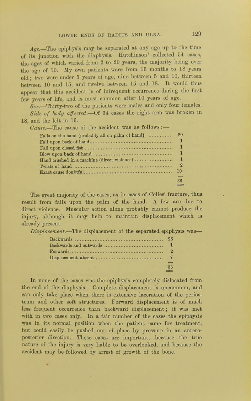 Age.—^The epiphysis may be separated at any age up to the time of its junction with tlie diaphysis. Hutchinson' collected 54 cases, the ages of which varied from 3 to 20 years, the majority being over the age of 10. My own patients were from 16 months to 18 years old; two were under 5 years of age, nine between 5 and 10, thirteen between 10 and 15, and twelve between 15 and 18. It would thus appear that this accident is of infrequent occurrence during the first few years of life, and is most common after 10 years of age. Stx.—^Thirty-two of the patients were males and only fom' females. Side of body affected.—Of 34 cases the right arm was broken in 18, and the left in 16. Cause.—The cause of the accident was as follows: — Falls on the hand (probably all on palm of hand) 20 Fall upon back of hand 1 Fall upon closed fist 1 Blow upon back of hand 1 Hand crushed in a machine (direct violence) 1 Twists of hand - 2 Exact cause doubtful 10 36 The great majority of the cases, as in cases of Colles' fracture, thus result from falls upon the palm of the hand. A few are due to direct violence. Muscular action alone probably cannot produce the injury, although it may help to maintain displacement which is already present. Displacement.—The displacement of the separated epiphysis was— Backwards 26 Backwards and outwards 1 Forwards 2 Displacement absent 7 36 In none of the cases was the epiphysis completely dislocated from the end of the diaphysis. Complete displacement is uncommon, and can only take place when there is extensive laceration of the perios- teum and other soft structures. Forward displacement is of much less frequent occurrence than backward displacement; it was met with in two cases only. In a fair niunber of the cases the epiphysis was in its normal position when the patient came for treatment, but could easily be pushed out of place by pressiu'e in an, antero- posterior direction. These cases are important, because the true nature of the injury is very liable to be overlooked, and because the accident may be followed by arrest of growth of the bone.