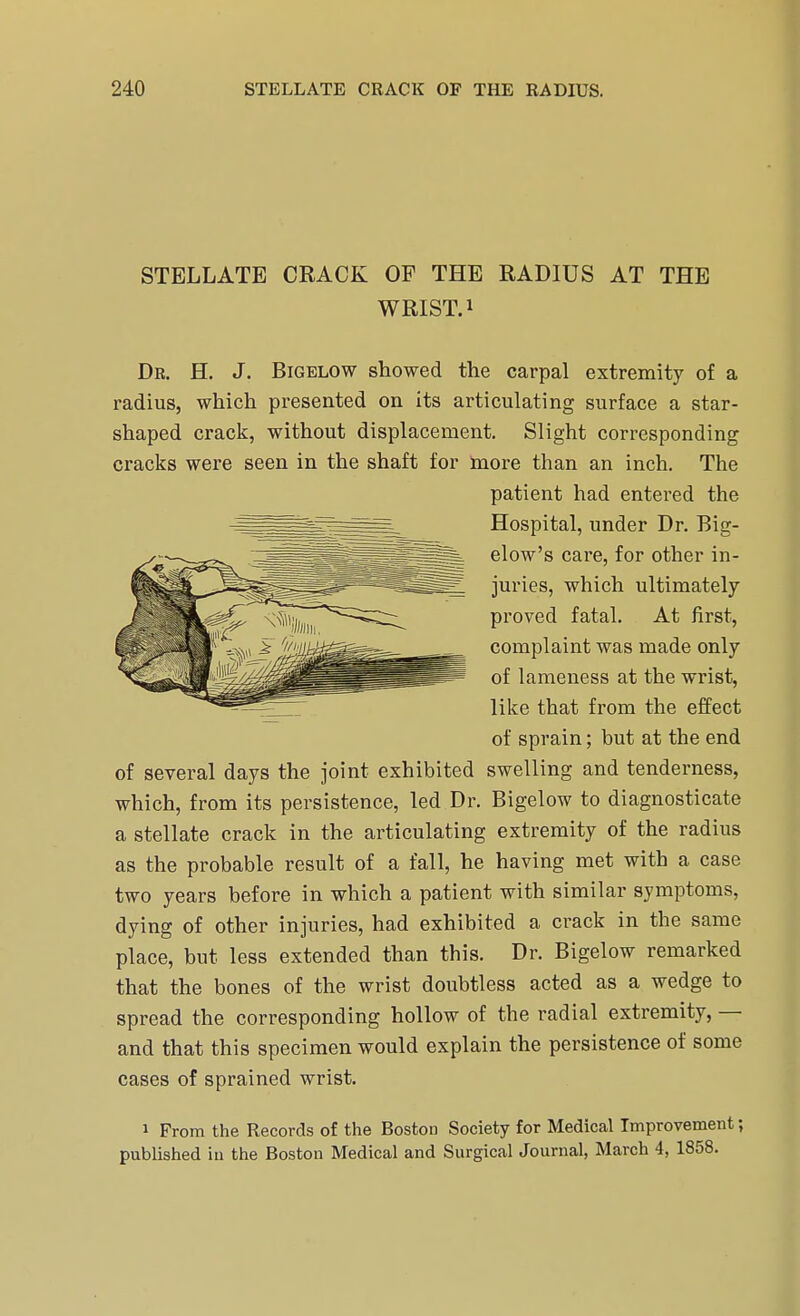 STELLATE CRACK OP THE RADIUS AT THE WRIST.1 Dr. H. J. Bigblow showed the carpal extremity of a radius, which presented on its articulating surface a star- shaped crack, without displacement. Slight corresponding cracks were seen in the shaft for more than an inch. The of several days the joint exhibited swelling and tenderness, which, from its persistence, led Dr. Bigelow to diagnosticate a stellate crack in the articulating extremity of the radius as the probable result of a fall, he having met with a case two years before in which a patient with similar symptoms, dying of other injuries, had exhibited a crack in the same place, but less extended than this. Dr. Bigelow remarked that the bones of the wrist doubtless acted as a wedge to spread the corresponding hollow of the radial extremity, — and that this specimen would explain the persistence of some cases of sprained wrist. 1 From the Records of the Boston Society for Medical Improvement; published in the Boston Medical and Surgical Journal, March 4, 1858. patient had entered the Hospital, under Dr. Big- elow's care, for other in- juries, which ultimately proved fatal. At first, complaint was made only of lameness at the wrist, like that from the effect of sprain; but at the end