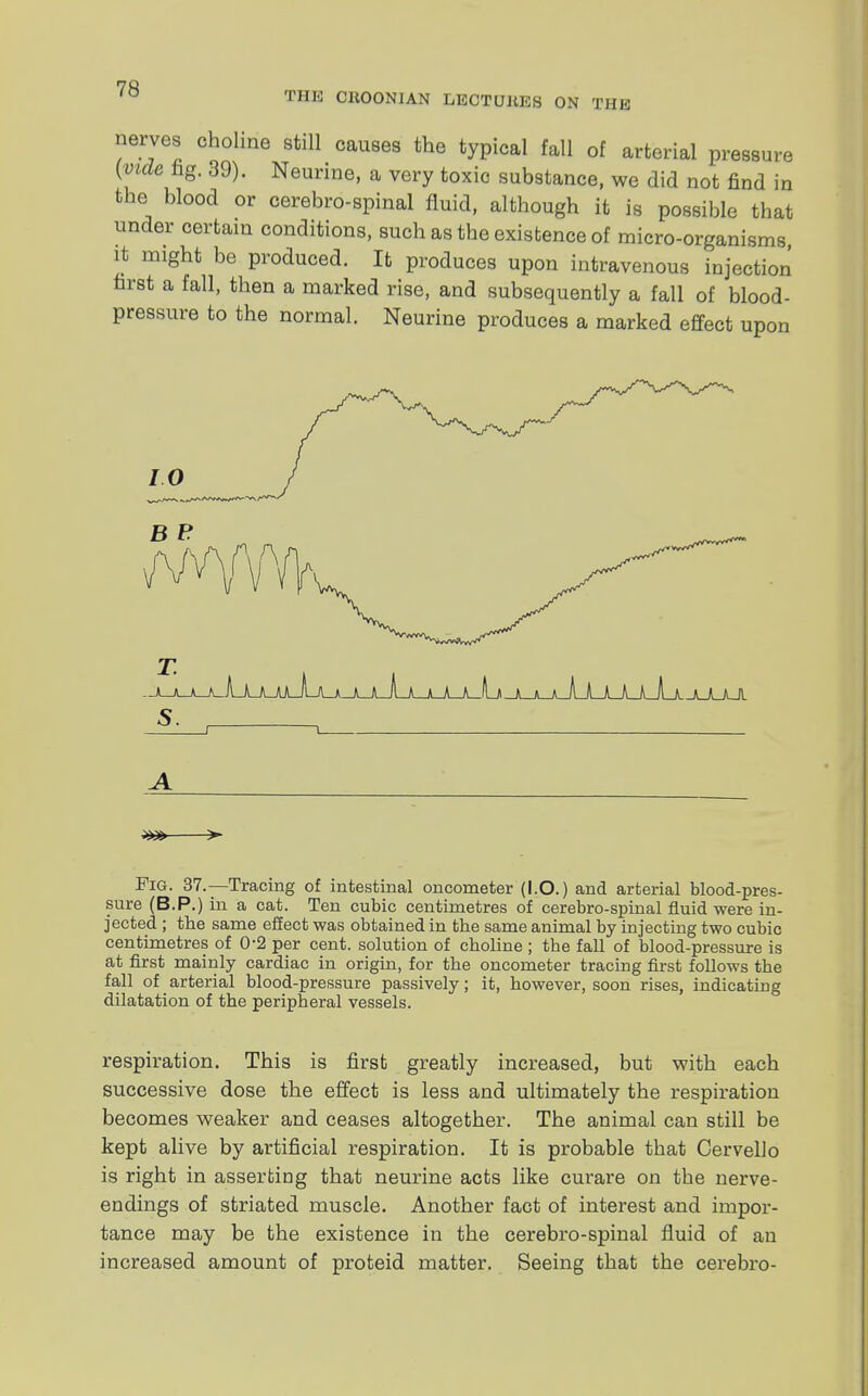 THE CUOONIAN LECTUKES ON THE nerves choline still causes the typical fall of arterial pressure [vide fig. 39). Neunne, a very toxic substance, we did not find in the blood or cerebro-spinal fluid, although it is possible that under certain conditions, such as the existence of micro-organisms it might be produced. It produces upon intravenous injection first a fall, then a marked rise, and subsequently a fall of blood- pressure to the normal. Neurine produces a marked effect upon --A-JL-LJlJL/UUUlJLa_JlJUL^^ JLXJUl Pig. 37.—Tracing of intestinal oncometer (I.O.) and arterial blood-pres- sure (B.P.) in a cat. Ten cubic centimetres of cerebro-spinal fluid were in- jected ; the same effect was obtained in the same animal by injecting two cubic centimetres of 0-2 per cent, solution of choline ; tbe fall of blood-pressure is at first mainly cardiac in origin, for the oncometer tracing first follows the fall of arterial blood-pressure passively; it, however, soon rises, indicating dilatation of the peripheral vessels. respiration. This is first greatly increased, but with each successive dose the effect is less and ultimately the respiration becomes weaker and ceases altogether. The animal can still be kept alive by artificial respiration. It is probable that Cervello is right in asserting that neurine acts like curare on the nerve- endings of striated muscle. Another fact of interest and impor- tance may be the existence in the cerebro-spinal fluid of an increased amount of proteid matter. Seeing that the cerebro-