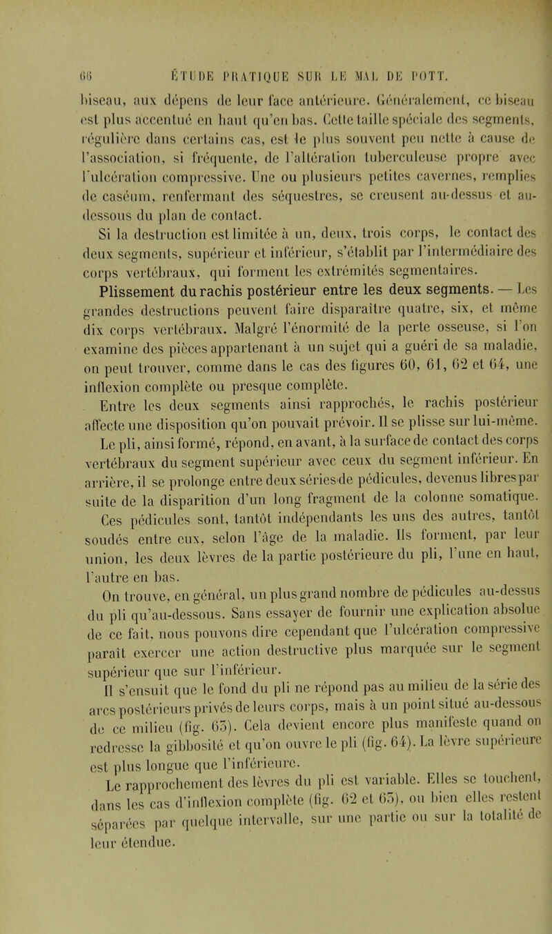 biseau, aux dépens de leur face antérieure. Généralément, ce biseau est plus accentué en haut qu'en lias. Cette taille spéciale «1rs segmenK [•égulière dans certains cas, est le plus souvent peu nette à cause de l'association, si fréquente, de l'altération tuberculeuse propre avec l'ulcération compressive. Une ou plusieurs petites cavernes, remplies de caséum, renfermant des séquestres, se creusent au-dessus et au- dessous du plan de contact. Si la destruction est limitée à un, deux, trois corps, le contact des deux segments, supérieur et inférieur, s'établit par l'intermédiaire des corps vertébraux, qui forment les extrémités segmentaires. Plissement durachis postérieur entre les deux segments. — Les grandes destructions peuvent faire disparaître quatre, six, et même dix corps vertébraux. Malgré l'énormité de la perte osseuse, si l'on examine des pièces appartenant à un sujet qui a guéri de sa maladie, on peut trouver, comme dans le cas des figures 60, 61, 6*2 et 64, nne inflexion complète ou presque complète. Entre les deux segments ainsi rapprochés, le rachis postérieur affecte une disposition qu'on pouvait prévoir. Il se plisse sur lui-même. Le pli, ainsi formé, répond, en avant, à la surface de contact des corps vertébraux du segment supérieur avec ceux du segment inférieur. En arrière, il se prolonge entre deux sériesde pédicules, devenus libres par suite de la disparition d'un long fragment de la colonne somatique. Ces pédicules sont, tantôt indépendants les uns des autres, tantôt soudés entre eux, selon l'âge de la maladie. Ils forment, par leur union, les deux lèvres de la partie postérieure du pli, l'une en haut, l'autre en bas. On trouve, en général, un plus grand nombre de pédicules au-dessus du pli qu'au-dessous. Sans essayer de fournir une explication absolue de ce fait, nous pouvons dire cependant que l'ulcération compressé parait exercer une action destructive plus marquée sur le segment supérieur que sur l'inférieur. Il s'ensuit que le fond du pli ne répond pas au milieu de la série des arcs postérieurs privés de leurs corps, mais à un point situé au-dessous de ce milieu (fig. 63). Cela devient encore plus manifeste quand on redresse la gibbosité cl qu'on ouvre le pli (fig. 64). La lèvre supérieure est plus longue que l'inférieure. Le rapprochement des lèvres du pli est variable. Elles se touchent, dans les cas d'inflexion complète (fig. 62 cl 63), ou bien elles restent Séparées par quelque intervalle, sur une partie ou sur la total.te .le leur étendue.