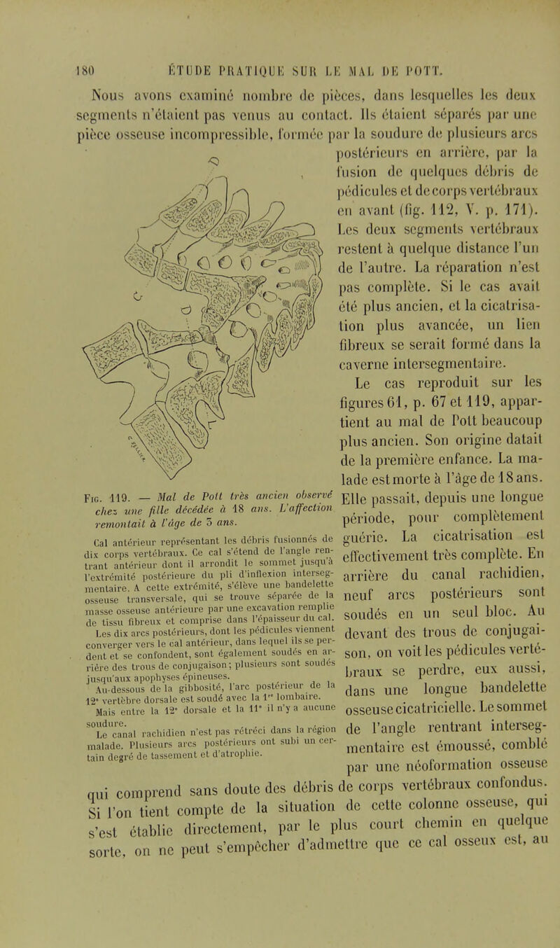 Nous avons examiné nombre de pièces, dans lesquelles les deux segments n'étaient pas venus au contact. Ils étaient séparés par une pièce osseuse incompressible, formée par la soudure de plusieurs arcs postérieurs en arrière, par la fusion de quelques débris de pédicules et de corps vertébraux en avant (fig. 112, V. p. 171). Les deux segments vertébraux restent à quelque distance l'un de l'autre. La réparation n'est pas complète. Si le cas avait été plus ancien, cl la cicatrisa- lion plus avancée, un lien fibreux se serait formé dans la caverne intersegmentaire. Le cas reproduit sur les figures 61, p. 67 et 119, appar- tient au mal de Toit beaucoup plus ancien. Son origine datait de la première enfance. La ma- lade estmorte à l'âge de 18 ans. Fig. 119. — Mal de Poil 1res ancien observé gi|e passait, depuis une longue chez une fille décédée à 18 ans. L'affection 1 i\inmnin4 rimait à luge de 5 ans. période, pour complètement Cal antérieur représentant les débris fusionnés de guérie. La Cicatrisation est dix corps vertébraux. Ce cal s'étend de l'angle ren- „ ivement très Complète. En trant antérieur dont il arrondit le sommet jusqu a LlUXUYLiueui jy l'extrémité postérieure du pli d'inflexion interseg- arriere du Canal rachluieil, montais A cette extrémité, s'élève une bandelette osLtrtransv^LL qui se trouve séparée de la neuf aiXS postérieurs SOOt masse osseuse antérieure par une excavation remplie i- seul bloc. Au de tissu fibreux et comprise dans l'épaisseur du cal. SOUULS LU un Les dix arcs postérieurs, dont les pédicules viennent devant des tl'OUS de COnjUgai- converger vers le cal antérieur, dans lequel ils se per- . dent et se confondent, sont également soudés en ar- son, 0n VOlt les peQlCUieS VeriL- rière des trous de conjugaison; plusieurs sont soudés perdre, eux aussi, jusqu'aux apophyses épineuses. m du a. T 1 Au-dessous de la gibbosité, l'arc postérieur de la , longue bandelette 12- vertèbre dorsale est soudé avec la 1» lombaire. _ _ & Mais entre la 12 dorsale et la il' il ny a aucune osseuseCicatricielle. LeSOmmel ^canal rachidien n'est pas rétréci dans la région de l'angle rentrant interseg- malade. Plusieurs arcs postérieurs ont subi un cer- ta|rc egt émOUSSé, comblé tain degré de tassement et d'atrophie. montai ^ 8 par une néoformation osseuse oui comprend sans doute des débris de corps vertébraux confondus. Si l'on tient compte de la situation de cette colonne osseuse qui s'est établie directement, par le plus court chemin en quelque surir on ne peut s'empêcher d'admettre que ce cal osseux est, au