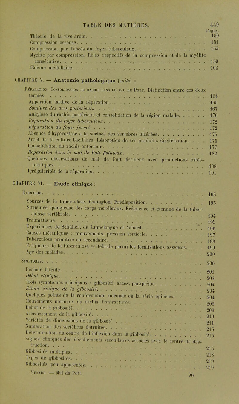 Pages. Théorie de la vive arête 150 Compression osseuse 151 Compression par l'abcès du foyer tuberculeux 153 Myélite par compression. Kôles respectifs de la compression el de la myélite consécutive . . . . 159 Œdème médullaire 162 ( IlAPITRE Y. — Anatomie pathologique (suite) : Réparation'. Consolidation du rachis dans le mal de Pott. Distinction entre ces deux termes 164 Apparition tardive delà réparation. . 165 Soudure des arcs postérieurs 167 Ankylose du rachis postérieur et consolidation de la région malade 170 Réparation du foyer tuberculeux 172 Réparation du foyer fermé 172 Absence d'hyperostose à la surface des vertèbres ulcérées 175 Arrêt de la culture bacillaire. Résorption de ses produits. Cicatrisation. . . . 175 Consolidation du rachis antérieur 177 Réparation dans le mal de Pott fistuleux 182 Quelques observations de mal de Pott fistuleux avec productions ostéo- phy tiques Igg Irrégularités de la réparation 191 CHAPITRE VI. — Étude clinique : Etiologie jg^ Sources de la tuberculose. Contagion. Prédisposition 197, Structure spongieuse des corps vertébraux. Fréquence et étendue de la tuber- culose vertébrale ,j94 Traumatisme 192 Expériences de Schùller, de Lannelongue et Achard . 190 Causes mécaniques : mouvements, pression verticale 197 Tuberculose primitive ou secondaire 198 Fréquence de la tuberculose vertébrale parmi les localisations osseuses. . . . 199 Age des malades 200 Sïiiptomes . : 200 Période latente 201 Début clinique 202 Trois symptômes principaux : gibbosité, abcès, paraplégie 204 Elude clinique de la gibbosité Quelques points de la conformation normale de la série épineuse 204 Mouvements normaux du rachis. Contractures , 206 Début de la gibbosité 209 Accroissement de la gibbosité 210 Variétés de dimensions de la gibbosité 2H Numération des vertèbres détruites 213 Détermination du centre de l'inflexion dans la gibbosité . 215 Signes cliniques des décollements secondaires associés avec le centre de des- truction Gibbosités multiples ^ Types de gibbosités , ' ^ Gibbosités peu apparentes 219 Ménaiid. — Mal de Polt. „,>