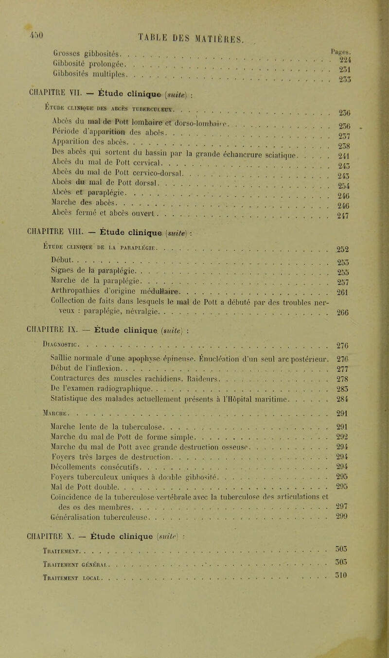 Crosses gibbosités. . . Pages. ° QO< (iibbosité prolongée  Gibbosités multiples ,„ r 233 CHAPITRE VII. - Étude clinique [-«irife) : Etude cmshjuk des aucks tuberculeux. «,„ ■ ; a3o Abcès du mal de Pott lombaire et dorso-lomban o 23(i Période d'appuMMIBB des abcès 9-7 Ap[)arilion des abcès 238 Des abcès qui sortent du bassin par la grande échancrure sciatique! 241 Abcès du mal de Pott cervical 243 Abcès du mal de Polt cervico-dorsal 243 Abcès du mal de Pott dorsal 254 Abcès et paraplégie • 2iG Marelie des abcès 240 Abcès fermé et abcès ouvert 247 CHAPITRE VIII. - Étude clinique Imite) : Etude clinique de La paraplégie 252 Début 253 Signes de la paraplégie 255 Marche de la paraplégie 257 Arthropathies d'origine médullaire 201 Collection de faits dans lesquels le mal de Polt a débuté par des troubles ner- veux : paraplégie, névralgie 200 CHAPITRE IX. — Étude clinique (finie) : Diagnostic 270 Saillie normale d'une apophyse épineuse. Éiincléation d'un seul arc postérieur. 276 Début de l'inflexion 277 Contractures des muscles rachidiens. Raideurs 278 De l'examen radiograpbiquc 283 Statistique des malades actuellement présents à l'Hôpital maritime 284 Marche 291 Marche lente de la tuberculose 291 Marche du mal de Pott de forme simple 292 Marche du mal de Polt avec grande destruction osseuse 294 Foyers Irès larges de destruction • 294 Décollements consécutifs 294 Foyers tuberculeux uniques à double gibhosité 295 Mal de Polt double 295 Coïncidence de la tuberculose vertébrale avec la tuberculose des articulations et des os des membres 297 Généralisation tuberculeuse 299 CHAPITRE X. — Étude clinique [suite Traitement 503 Traitement générai ' 30.ï Traitement locai P