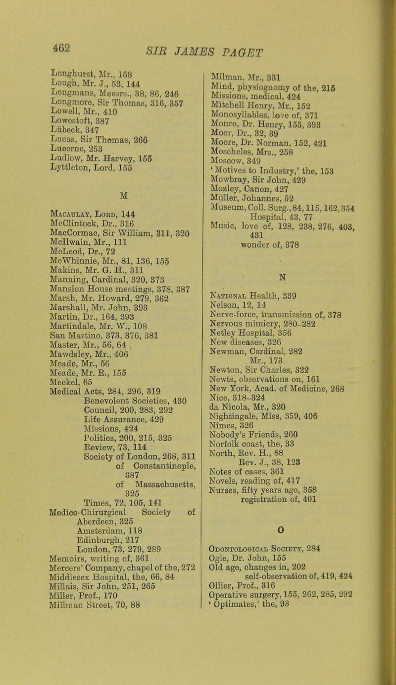 Longlnu-st, Mr,, 168 Lough, Mr. J., 53, 144 Longmans, Messrs., 38, 80, 246 Longmore, Sir Thomas, 316, 357 LoweJl, Mr., 410 Lowestoft, 387 Liibeck, 347 Lucas, Sir Thomas, 266 Lucerne, 253 Ludlow, Mr. Harvey, 155 Lyttleton, Lord, 155 M Macaulay, Lokd, 144 McClintock, Dr., 316 MacCormac, Sir William, 311, 320 Mcllwain, Mr., Ill McLeod, Dr., 72 McWhinnie, Mr., 81, 136, 155 Making, Mr. G. H., 311 Manning, Cardinal, 320, 373 Mansion House meetings, 378, 387 Marsh, Mr. Howard, 279, 362 Marshall, Mr. John, 393 Martin, Dr., 164, 393 Martindale, Mr. W., 108 San Martino, 373, 376, 381 Master, Mr., 56, 64 , Mawdsley, Mr., 406 Meade, Mr., 56 Meade, Mr. E., 155 Meckel, 65 Medical Acts, 284, 296, 319 Benevolent Societies, 430 Council, 200, 283, 292 Life Assurance, 429 Missions, 424 Politics, 200, 215, 325 Eeview, 73, 114 Society of London, 268, 311 of Constantinople, 387 of Massachusetts, 325 Times, 72, 105, 141 Medico-Chirurgical Society of Aberdeen, 325 Amsterdam, 118 Edinburgh, 217 London, 73, 279, 289 Memoirs, writing of, 361 Mercers' Company, chapel of the, 272 Middlesex Hospital, the, 66, 84 Millais, Sir John, 251, 265 Miller, Prof., 170 Millman Street, 70, 88 Milman, Mr., 331 Mind, physiognomy of the, 215 Missions, medical, 424 Mitchell Henry, Mr., 152 Monosyllables, iove of, 371 Monro, Dr. Henry, 155, 393 Moor, Dr., 32, 39 Moore, Dr. Norman, 152, 421 Moscheles, Mrs., 258 Moscow, 349 ' Motives to Industry,' the, 153 Mowbray, Sir John,. 429 Mozley, Canon, 427 Muller, Johannes, 52 Museum, Coll. Surg., 84,115,162,354 Hospital, 43, 77 Music, love of, 128, 238, 276, 403, 431 wonder of, 378 N National Health, 339 Nelson, 12, 14 Nerve-force, transmission of, 378 Nervous mimicry, 280-282 Netley Hospital, 356 New diseases, 326 Newman, Cardinal, 282 Mr., 173 Newton, Sir Charles, 322 Newts, observations on, 161 New York, Acad, of Medicine, 268 Nice, 318-324 da Nicola, Mr., 320 Nightingale, Misg, 359, 406 Nimeg, 326 Nobody'g Friends, 260 Norfolk coast, the, 33 North, Eev. H, 88 Eev. J., 38, 123 Notes of cases, 361 Novels, reading of, 417 Nurses, fifty years ago, 358 registration of, 401 O Odontological Society, 284 Ogle, Dr. John, 155 Old age, changes in, 202 gelf-observation of, 419, 424 Oilier, Prof., 316 Operative surgery, 155, 262, 285, 292 ' Optimates,' the, 93