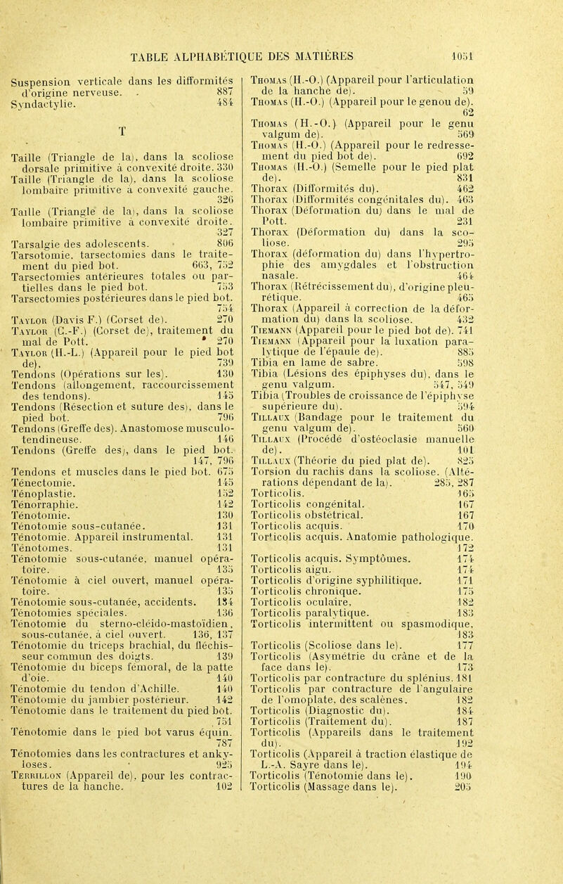 Suspension verticale dans les difformités d'origine nerveuse. . 887 Syndactylie. 484 T Taille (Triangle de la), dans la scoliose dorsale primitive à convexité droite. 330 Taille (Triangle de la), dans la scoliose lombaire primitive à convexité gauche. 326 Taille (Triangle de la), dans la scoliose lombaire primitive à convexité droite. 327 Tarsalgie des adolescents. 806 Tarsotomie. tarsectomies dans le traite- ment du pied bot. 663, 752 Tarsectomies antérieures totales ou par- tielles dans le pied bot. 753 Tarsectomies postérieures dans le pied bot. Taylor (Davis F.) (Corset de). 270 Taylor (G.-F.) (Corset de), traitement du mal de Pott. * 270 Taylor (II.-L.) (Appareil pour le pied bot de). 739 Tendons (Opérations sur les). 130 Tendons (allongement, raccourcissement des tendons). 145 Tendons (Résection et suture des), dans le pied bot. 796 Tendons (Greffe des). Anastomose musculo- tendineuse. 146 Tendons (Greffe des), dans le pied bot. 147, 790 Tendons et muscles dans le pied bot. 675 Ténectomie. 145 Ténoplastie. 152 Ténorraphie. 142 Ténotomie. 13U Ténotomie sous-cutanée. 131 Ténotomie. Appareil instrumental. 131 Ténotomes. 131 Ténotomie sous-cutanée, manuel opéra- toire. 135 Ténotomie à ciel ouvert, manuel opéra- toire. 135 Ténotomie sous-cutanée, accidents. 184 Ténotomies spéciales. 136 Ténotomie du sterno-cléido-mastoïdien. sous-cutanée, à ciel ouvert. 136, 137 Ténotomie du triceps brachial, du fléchis- seur commun des doigts. 139 Ténotomie du biceps fémoral, de la patte d'oie. 140 Ténotomie du tendon d'Achille. 140 Ténotomie du jambier postérieur. 142 Ténotomie dans le traitement du pied bot. .751 Ténotomie dans le pied bot varus équin. 787 Ténotomies dans les contractures et anky- loses. • 925 Terrillon (Appareil de), pour les contrac- tures de la hanche. 102 Thomas (II.-O.) (Appareil pour l'articulation de la hanche de). 59 Thomas (II.-O.) (Appareil pour le genou de). 62 Thomas (H.-O.) (Appareil pour le genu valgum de). 569 Thomas (H.-O.) (Appareil pour le redresse- ment du pied bot de). 692 Thomas (H.-O.) (Semelle pour le pied plat de). 831 Thorax (Difformités du). 462 Thorax (Difformités congénitales du). 463 Thorax (Déformation du) dans le mal de Pott. 231 Thorax (Déformation du) dans la sco- liose. 295 Thorax (déformation du) dans l'hypertro- phie des amygdales et l'obstruction nasale. 464 Thorax (Rétrécissement du), d'originepleu- rétique. 465 Thorax (Appareil à correction de la défor- mation du) clans la scoliose. 432 Tiemann (Appareil pour le pied bot de). 741 Tiemann (Appareil pour la luxation para- lytique de l'épaule de). 885 Tibia en lame de sabre. 508 Tibia (Lésions des épiphyses du), dans le genu valgum. 547, 549 Tibia ^roubles de croissance de l'épiphyse supérieure du). 594 Tillaux (Bandage pour le traitement du genu valgum de). 560 Tillaux (Procédé d'ostéoclasie manuelle de). 101 Tillaux (Théorie du pied plat de). 825 Torsion du rachis dans la scoliose. (Alté- rations dépendant de la).  285. 287 Torticolis. 165 Torticolis congénital. 167 Torticolis obstétrical. 167 Torticolis acquis. 170 TorMcolis acquis. Anatomie pathologique. 172 Torticolis acquis. Sjmptômes. 174 Torticolis aigu. 174 Torticolis d'origine syphilitique. 171 Torticolis chronique. 175 Torticolis oculaire. 182 Torticolis paralytique. 183 Torticolis intermittent ou spasmodique. 183 Torticolis (Scoliose dans le). 177 Torticolis (Asymétrie du crâne et de la face dans le). 173 Torticolis par contracture du splénius.181. Torticolis par contracture de l'angulaire de l'omoplate, des scalènes. 182 Torticolis (Diagnostic du). 184 Torticolis (Traitement du). 1S7 Torticolis (Appareils dans le traitement du). 192 Torticolis (Appareil à traction élastique de L.-A. Sayre dans le). 194 Torticolis (Ténotomie dans le). 190 Torticolis (Massage dans le). 205