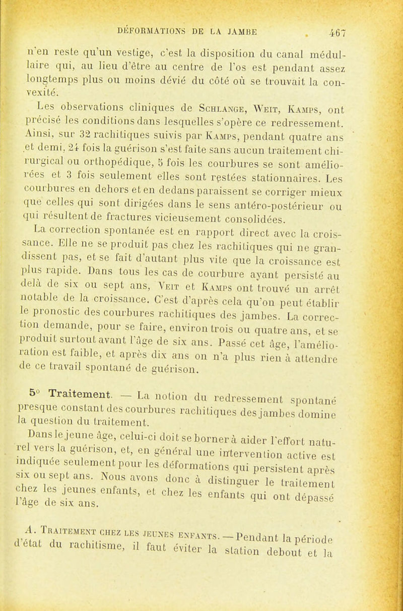 n'en reste qu'un vestige, c'est la disposition du canal médul- laire qui, au lieu d'être au centre de l'os est pendant assez longtemps plus ou moins dévié du côté où se trouvait la con- vexité. Les observations cliniques de Schlange, Weit, Kamps, ont précisé les conditions dans lesquelles s'opère ce redressement. Ainsi, sur 32 rachitiques suivis par Kamps, pendant quatre ans et demi, 24 fois la guérison s'est faite sans aucun traitement chi- rurgical ou orthopédique, 5 fois les courbures se sont amélio- rées et 3 fois seulement elles sont restées stationnaires. Les courbures en dehors et en dedans paraissent se corriger mieux que celles qui sont dirigées dans le sens anléro-postérieur ou qui résultent de fractures vicieusement consolidées. La correction spontanée est en rapport direct avec la crois- sance. Elle ne se produit pas chez les rachitiques qui ne gran- dissent pas, et se fait d'autant plus vite que la croissance est plus rapide. Dans tous les cas de courbure ayant persisté au delà de six ou sept ans, Veit et Kamps ont trouvé un arrêt notable de la croissance. C'est d'après cela qu'on peut établir le pronostic des courbures rachitiques des jambes. La correc- tion demande, pour se faire, environ trois ou quatre ans, et se produit surtout avant l'âge de six ans. Passé cet âge, l'amélio- ration est faible, et après dix ans on n'a plus rien à attendre de ce travail spontané de guérison. 50 Traitement. - La notion du redressement spontané presque constant des courbures rachitiques des jambes domine Ja question du traitement. Danslejeune âge, celui-ci doitsebornerà aider l'elTort natu- rel vers la guérison, et, en général une intervention active est Hidiquee seulement pour les déformations qui persistent après SIX ou sept ans. Nous avons donc à distinguer le trailemen A TRA1TEM..NT CHEZ LES .muxEs E.FAXTs. - Pendant la période detat du rachitisme, il faut éviter la station debout et la