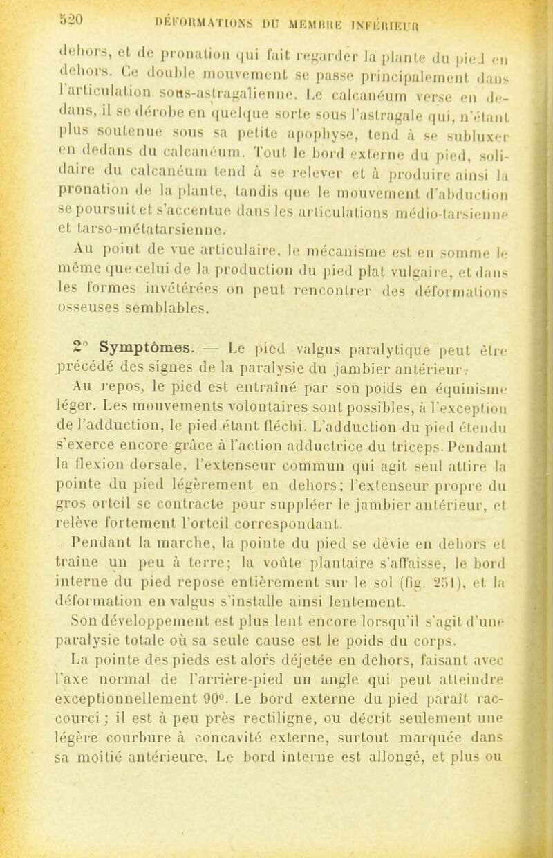 ^-0 nÉl''01lMATI()NS DU MUMHIIE iNriiniKua dcliors, el, de proiiiiLioii (lui fail; reKanJcr la i)lanLc' du i)i(iJ .-ii doliors. C(i double inouveiiieul, se passe principalement dans l'articulalion, sous-asLragalienne. Le calcanéum verse en de- dans, il se dérobe en quelque sorte sous l'astragale qui, nï-tant plus soutenue sous sa petite apopbyse, tend à se subluxci- en dedans du calcanéum. Tout le bord externe du pied, soli- daire du calcanéum tend à se relever et à produire ainsi la pronation de la plante, tandis que le mouvement d'abduction se poursuit et s'accentue dans les arliculations médio-tarsienne et tarso-niétatarsienne. Au point de vue articulaire, le mécanisme est en somme le même que celui de la production du pied plat vulgaire, et dans les formes invétérées on peut renconlrer des déformations osseuses semblables. 2 Symptômes. — Le pied valgus paralytique peut être précédé des signes de la paralysie du jambier antérieur.- Au repos, le pied est entraîné par son poids en équinisnie léger. Les mouvements volontaires sont possibles, à l'e-vceptiou de l'adduction, le pied étant fléclii. L'adduction du pied étendu s'exerce encore grâce à l'action adductrice du triceps. Pendant la ilexion dorsale, l'extenseur commun qui agit seul attire la pointe du pied légèrement en debors; l'extenseur propre du gros orteil se contracte pour suppléer le jambier antérieur, et relève fortement l'orteil correspondant. Pendant la marche, la pointe du pied se dévie en deiiors el traîne un peu à terre; la voûte plantaire s'aHaisse, le bord interne du pied repose entièrement sur le sol (fig. 231), et la déformation en valgus s'installe ainsi lentement. Son développement est plus lent encore lorsqu'il sagit d'une paralysie totale oîi sa seule cause est le poids du corps. La pointe des pieds est alors déjetée en dehors, faisant avec l'axe normal de l'arrière-pied un angle qui peut atteindre exceptionnellement 90°. Le bord externe du pied parait rac- courci ; il est à peu près rectiligne, ou décrit seulement une légère courbure à concavité externe, surtout marquée dans sa moitié antérieure. Le bord interne est allongé, et plus ou