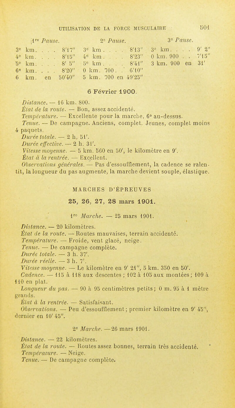 ilro Pause. 3e km. . . . 8'17 4° km. . . . 8'I5 5e km. ... 8' 5 6° km. . . . 8'20 6 km. en 50'40 2° Pause. 3° km . . . . 843 4e km . . . . 8'23 5° km . . . . 8'41 0 km. 700. .' 640 5 km. 700 en 49'25 6 Février 1900. ÎiOl 38 Pause. 3° km. ... 9' 2 0 km. 900 . . 745 3 km. 900 en 31' Distance. — 16 km. 800. Étal de la route. — Bon, assez accidenté. Température. — Excellente pour la marche, 6° au-dessus. Tenue. — De campagne. Anciens, complet. Jeunes, complet moins 4 paquets. Durée totale. — 2 h.. 51'. Durée effective. — 2 h. 31'. Vitesse moyenne. — 5 km. 560 en 50', le kilomètre en 9'. Étal à la rentrée. ■— Excellent. Observations générales. — Pas d'essoufflement, la cadence se ralen- tit, la longueur du pas augmente, la marche devient souple, élastique. MARCHES D'ÉPREUVES 25, 26, 27, 28 mars 1901. lro Marche. — 25 mars 1901. » Dislance. — 20 kilomètres. Étal de la route. —Routes mauvaises, terrain accidenté. Température. — Froide, vent glacé, neige. Tenue. — De campagne complète. Durée totale. — 3 h. 37'. Durée réelle. — 3 h. 7'. Vitesse moyenne. — Le kilomètre en 9' 21, 5 km. 350 en 50'. Cadence. — 115 à 118 aux descentes ; 102 à 105 aux montées; 109 à 110 en plat. Longueur du pas. — 90 à 95 centimètres petits; 0 m. 95 à 1 mètre grands. État à la rentrée. — Satisfaisant. Observations. — Peu d'essoufflement; premier kilomètre en 9' 45-, dernier en 10' 45. 2e Marche. —26 mars 1901. Dislance. — 22 kilomètres. État de la route. — Houles assez bonnes, terrain très accidenté. Température. — Neige. Tenue. — De campagne complète.