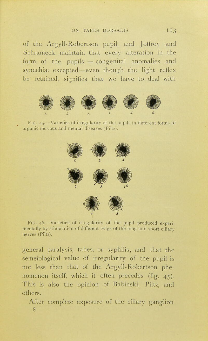 of the Argyll-Robertson pupil, and Joffroy and Schrameck maintain that every alteration in the form of the pupils — congenital anomalies and synechias excepted—even though the light reflex be retained, sio-nifies that we have to deal with /. 2. J. f 5. 6 Fig. 45.—Varieties of irregularity of the pupils in different forms of organic nervous and mental diseases (Piltz . 7 8 FlG. 46.—Varieties of irregularity of the pupil produced experi- mentally by stimulation of different twigs of the long and short ciliary nerves (Piltz). general paralysis, tabes, or syphilis, and that the semeiological value of irregularity of the pupil is not less than that of the Argyll-Robertson phe- nomenon itself, which it often precedes (fig. 45). This is also the opinion of Babinski, Piltz, and others. After complete exposure of the ciliary ganglion 8