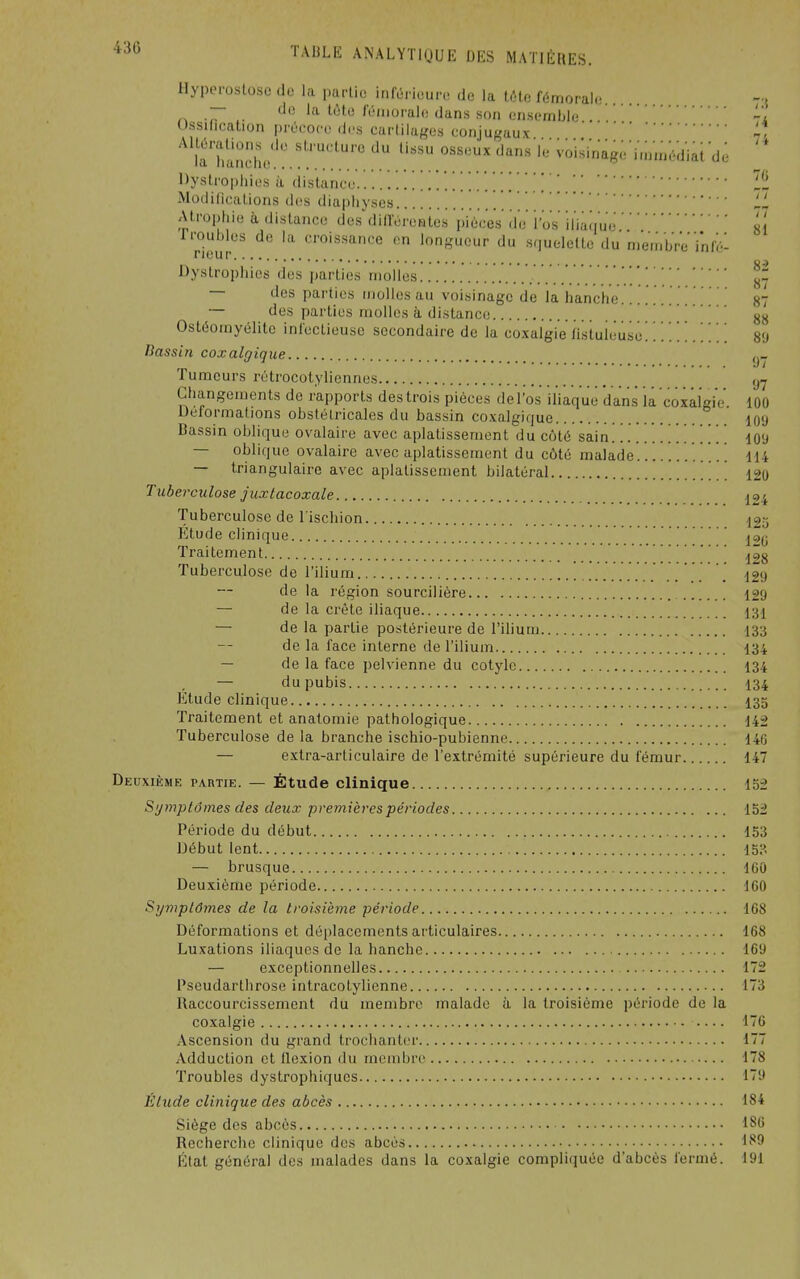 IlyperosLose de la partie infi-rieun. de la tMo. fémorale - ^ — do la Lètc l'éiiiorah! dans son eii.semijlc -, Ossification précoco des carlilages conjugaux 7, il'hanciie'.'!.vo;;inag;ï,n.„édiai d.; Dystrophies à dislance 'l'i Modilicalions des diapliyses. Atrophie à distance des dilléreHtes ])ièces de' l'os 'iliaque deur'' '^'^ 'f^uc'- sriuelelle du nie'rn'b're'infé- Dystrophios des parties molles . . . . 37 — des parties molles au voisinage de la hanche g? — des parties molles à distance |' [ Ostéomyélite inleclieusc secondaire de la coxalgie listuieusc!.......... 8'J Bassin coxalgique g- Tumeurs rétrocotyliennes Changements de rapports des trois pièces del'os' iliaque dans lacoxaigiV. 100 Déformations obstétricales du bassin coxalgique 10<j Bassin oblique ovalaire avec aplatissement du côté sain 109 — oblique ovalaire avec aplatissement du côté malade H4 — triangulaire avec aplatissement bilatéral \ \ \ 120 Tuberculose juxlacoxale I24 Tuberculose de l'ischion ^25 Etude clinique ^ç,^^ Traitement ^28 Tuberculose de l'ilium \' ' \ ^29 de la région sourcilière 129 — de la crête iliaque 131 — de la partie postérieure de l'ihum I33 de la face interne de l'ilium I34 — de la face pelvienne du cotyle 134 — du pubis 134 Etude clinique I35 Traitement et anatomie pathologique 142 Tuberculose de la branche ischio-pubienne 146 — extra-articulaire de l'extrémité supérieure du fémur 147 Deuxième pahtie. — Étude clinique 152 Sjmptdmes des deux premières périodes 152 Période du début 153 Début lent 15? — brusque 160 Deuxième période 160 Symptômes de la troisième période 168 Déformations et déplacements articulaires 168 Luxations iliaques de la hanche 169 — exceptionnelles 172 Pseudarthrose intracotylienne 173 Raccourcissement du membre malade à la troisième période de la coxalgie .... 176 Ascension du grand trochantcr 177 Adduction et flexion du membre 178 Troubles dystrophiqucs 179 Élude clinique des abcès 184 Siège des abcès 1S6 Recherche clinique des abcès 1^*9 État général des malades dans la coxalgie compliquée d'abcès fermé. 191