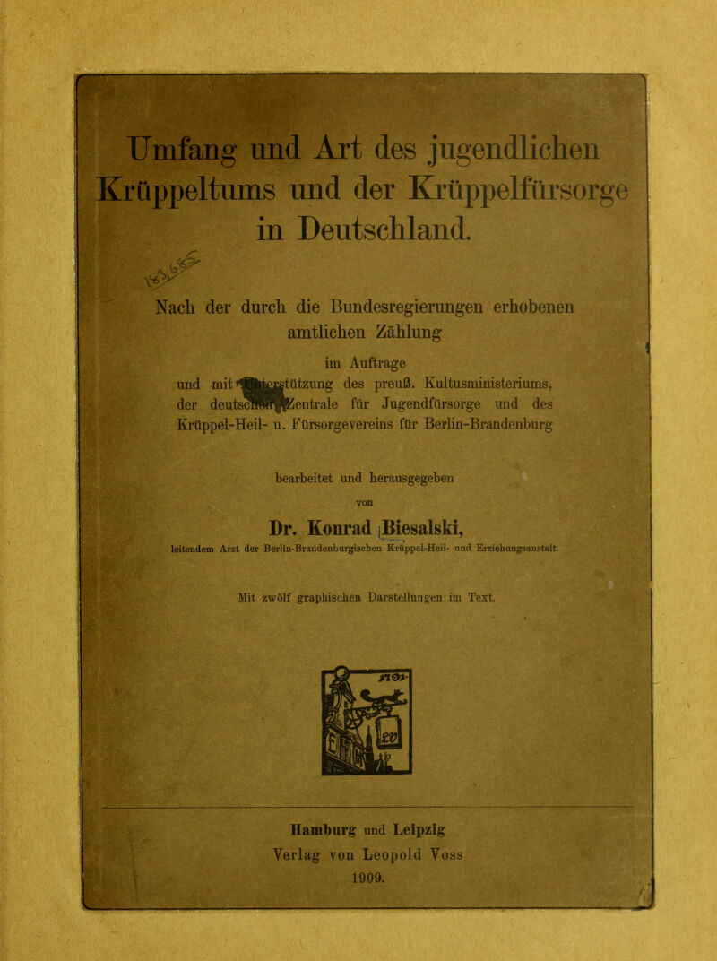 Umfang und Art des jugendlichen Krüppeltums und der Krüppelfürsorge in Deutschland. Nach der durch die Bundesregierungen erhobenen amtlichen Zählung im Auftrage und mit ^Äj^|tützung des preuß. Kultusministeriums, der deutscOT^^entrale für Jugendfürsorge und des Krüppel-Heil- u. Fürsorgevereins für Berlin-Brandenburg bearbeitet und herausgegeben von Dr. Konrad jBiesalski, leitendem Arzt der Berlin-Brandenburgischen Krüppel-Heil- und Erziehungsanstalt. Mit zwölf graphischen Darstellungen im Text. Hamburg und Leipzig Verlag von Leopold Voss 1909.