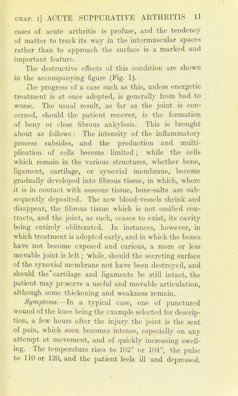 cases of acute arthritis is profuse, and the tendency of matter to track its way in the intermuscular spaces rather than to approach the surface is a marked and important feature. The destructive effects of this condition are shown in the accompanying figure (Fig. 1). The progress of a case such as this, unless energetic treatment is at once adopted, is generally from bad to worse. The usual result, as far as the joint is con- cerned, should the patient recover, is the formation of bony or close fibrous ankylosis. This is brought about as follows : The intensity of the inflammatory process subsides, and the production and multi- plication of cells become Limited; while the cells which remain in the various structures, whether bone, ligament, cartilage, or synovial membrane, become gradually developed into fibrous tissue, in which, where it is in contact with osseous tissue, bone-salts are sub- sequently deposited. The new blood-vessels shrink and disappear, the fibrous tissue which is not ossified con- tracts, and the joint, as such, ceases to exist, its cavity being entirely obliterated. In instances, however, in which treatment is adopted early, and in which the bones have not become exposed and carious, a more or less movable joint is left; while, should the secreting surface of the synovial membrane not have been destroyed, and should the cartilage and ligaments be still intact, the patient may preserve a useful and movable articulation, although some thickening and weakness remain. Symptoms.—In a typical case, one of punctured wound of the knee being the example selected for descrip- tion, a few hours after the injury the joint is the seat of pain, which soon becomes intense, especially on any attempt at movement, and of quickly increasing swell- ing. The temperature rises to 102° or 104°, the pulse to ] 10 or 120, and the patient feels ill and depressed.