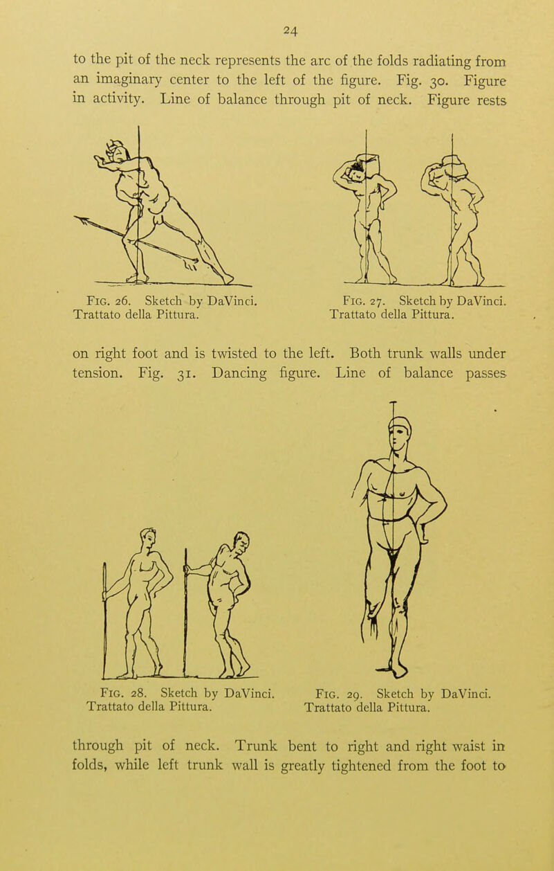 to the pit of the neck represents the arc of the folds radiating from an imaginary center to the left of the figure. Fig. 30. Figure in activity. Line of balance through pit of neck. Figure rests Fig. 26. Sketch by DaVinci. Fig. 27. Sketch by DaVinci. Trattato della Pittura. Trattato della Pittura. on right foot and is twisted to the left. Both trunk walls under tension. Fig. 31. Dancing figure. Line of balance passes Fig. 28. Sketch by DaVinci. Fig. 29. Sketch by DaVinci. Trattato della Pittura. Trattato della Pittura. through pit of neck. Trunk bent to right and right waist in folds, while left trunk wall is greatly tightened from the foot to