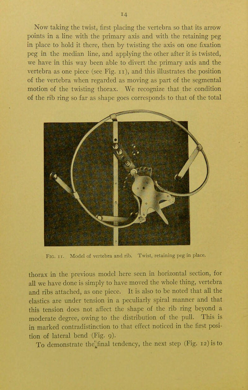 Now taking the twist, first placing the vertebra so that its arrow points in a fine with the primary axis and with the retaining peg in place to hold it there, then by twisting the axis on one fixation peg in the median line, and applying the other after it is twisted, we have in this way been able to divert the primary axis and the vertebra as one piece (see Fig. n), and this illustrates the position of the vertebra when regarded as moving as part of the segmental motion of the twisting thorax. We recognize that the condition of the rib ring so far as shape goes corresponds to that of the total Fig. ii. Model of vertebra and rib. Twist, retaining peg in place. thorax in the previous model here seen in horizontal section, for all we have done is simply to have moved the whole thing, vertebra and ribs attached, as one piece. It is also to be noted that all the elastics are under tension in a peculiarly spiral manner and that this tension does not affect the shape of the rib ring beyond a moderate degree, owing to the distribution of the pull. This is in marked contradistinction to that effect noticed in the first posi- tion of lateral bend (Fig. 9). To demonstrate thermal tendency, the next step (Fig. 12) is to