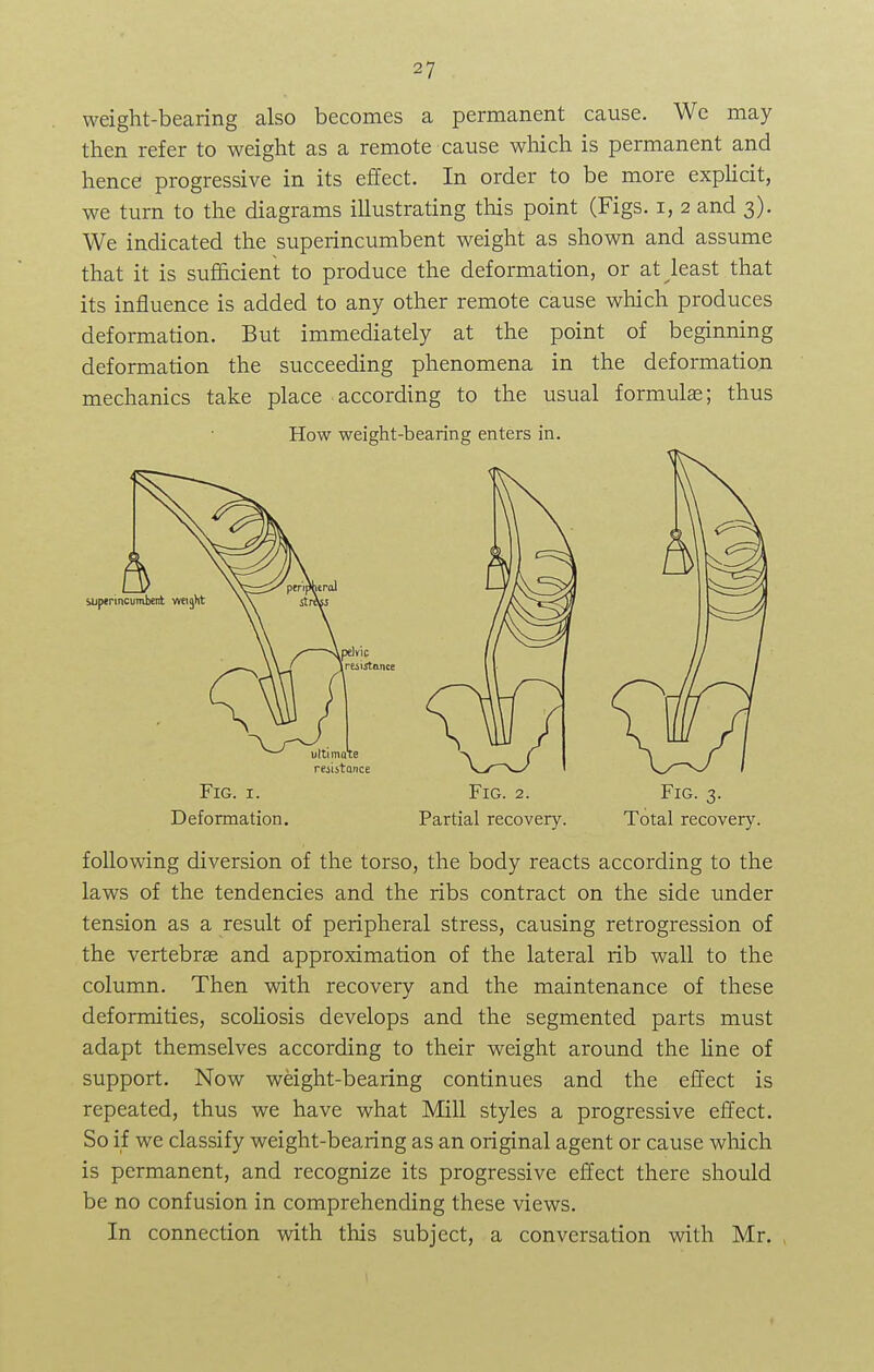 weight-bearing also becomes a permanent cause. We may then refer to weight as a remote cause which is permanent and hence progressive in its effect. In order to be more explicit, we turn to the diagrams illustrating this point (Figs, i, 2 and 3). We indicated the superincumbent weight as shown and assume that it is sufficient to produce the deformation, or at least that its influence is added to any other remote cause which produces deformation. But immediately at the point of beginning deformation the succeeding phenomena in the deformation mechanics take place according to the usual formulas; thus How weight-bearing enters in. Fig. 1. Fig. 2. Fig. 3. Deformation. Partial recovery. Total recovery. following diversion of the torso, the body reacts according to the laws of the tendencies and the ribs contract on the side under tension as a result of peripheral stress, causing retrogression of the vertebrae and approximation of the lateral rib wall to the column. Then with recovery and the maintenance of these deformities, scoliosis develops and the segmented parts must adapt themselves according to their weight around the line of support. Now weight-bearing continues and the effect is repeated, thus we have what Mill styles a progressive effect. So if we classify weight-bearing as an original agent or cause which is permanent, and recognize its progressive effect there should be no confusion in comprehending these views. In connection with this subject, a conversation with Mr.