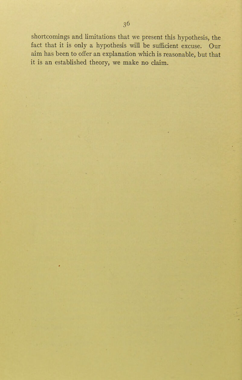 shortcomings and limitations that we present this hypothesis, the fact that it is only a hypothesis will be sufficient excuse. Our aim has been to offer an explanation which is reasonable, but that it is an established theory, we make no claim.