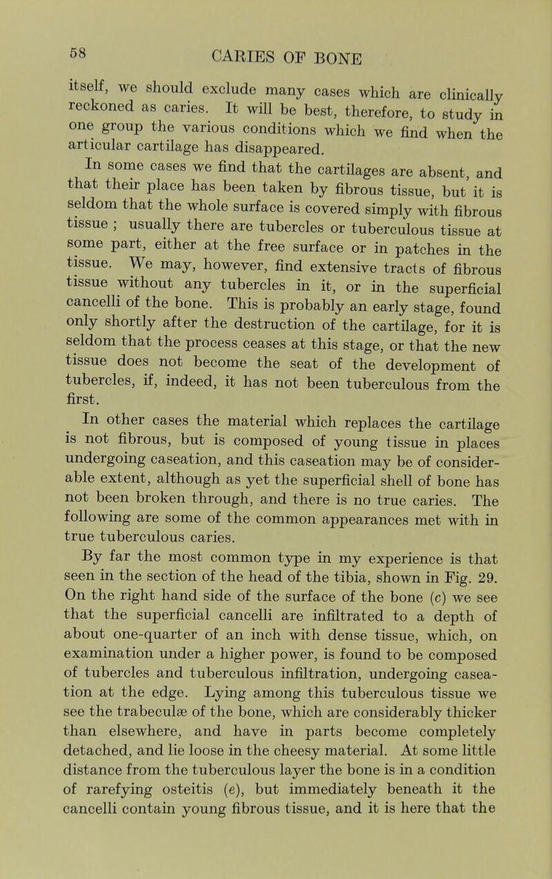 Itself, we should exclude many cases which are clinically reckoned as caries. It will be best, therefore, to study in one group the various conditions which we find when the articular cartilage has disappeared. In some cases we find that the cartilages are absent, and that their place has been taken by fibrous tissue, but'it is seldom that the whole surface is covered simply with fibrous tissue ; usually there are tubercles or tuberculous tissue at some part, either at the free surface or in patches in the tissue. We may, however, find extensive tracts of fibrous tissue without any tubercles m it, or in the superficial cancelli of the bone. This is probably an early stage, found only shortly after the destruction of the cartfiage, for it is seldom that the process ceases at this stage, or that the new tissue does not become the seat of the development of tubercles, if, indeed, it has not been tuberculous from the first. In other cases the material which replaces the cartilage is not fibrous, but is composed of young tissue m places undergomg caseation, and this caseation may be of consider- able extent, although as yet the superficial shell of bone has not been broken through, and there is no true caries. The following are some of the common appearances met with in true tuberculous caries. By far the most common type in my experience is that seen in the section of the head of the tibia, shown in Fig. 29. On the right hand side of the surface of the bone (c) we see that the superficial cancelli are infiltrated to a depth of about one-quarter of an inch with dense tissue, which, on examination under a higher power, is found to be composed of tubercles and tuberculous infiltration, undergoing casea- tion at the edge. Lying among this tuberculous tissue we see the trabeculse of the bone, which are considerably thicker than elsewhere, and have in parts become completely detached, and lie loose in the cheesy material. At some little distance from the tuberculous layer the bone is in a condition of rarefying osteitis (e), but immediately beneath it the cancelli contain young fibrous tissue, and it is here that the