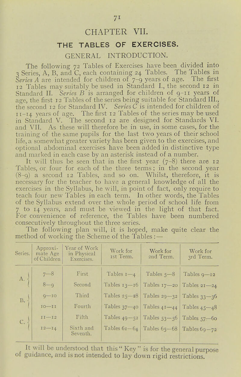 CHAPTER VII. THE TABLES OF EXERCISES. GENERAL INTRODUCTION. The following 72 Tables of Exercises have been divided into 3 Series, A, B, and C, each containing 24 Tables. The Tables in Series A are intended for children of 7-9 years of age. The first 12 Tables may suitably be used in Standard I., the second 12 in Standard II. Series B is arranged for children of g-ii years of age, the first 12 Tables of the series being suitable for Standard III., the second 12 for Standard IV. Series C is intended for children of 11-14 years of age. The first 12 Tables of the series may be used in Standard V. The second 12 are designed for Standards VI. and VII. As these will therefore be in use, in some cases, for the training of the same pupils for the last two years of their school life, a somewhat greater variety has been given to the exercises, and optional abdominal exercises have been added in distinctive type and marked in each case by an asterisk instead of a number. It will thus be seen that in the first year (7-8) there are 12 Tables, or four for each of the three terms ; in the second year (8-9) a second 12 Tables, and so on. Whilst, therefore, it is necessary for the teacher to have a general knowledge of all the exercises in the Syllabus, he will, in point of fact, only require to teach four new Tables in each term. In other words, the Tables of the Syllabus extend over the whole period of school life from 7 to 14 years, and must be viewed in the light of that fact. For convenience of reference, the Tables have been numbered consecutively throughout the three series. The following plan will, it is hoped, make quite clear the method of working the Scheme of the Tables :— Series. Approxi- mate Age of Children Year of Work in Physical Exercises. Work for ist Term. Work for 2nd Term. Work for 3rd Term. 7-8 First Tables i—4 Tables 5—8 Tables g—12 8-9 Second Tables 13—16 Tables 17—20 Tables 21—24 9 ID Third Tables 25—28 Tables 29—32 Tables 33—36 10—II Fourth Tables 37—40 Tables /\ i— Tables 45—48 II—12 Fifth Tables 49—52 Tables 53—56 Tables 57—60 12—14 Sixth and Seventh. Tables 61—64 Tables 65—68 Tables 69—72 It will be understood that this  Key  is for the general purpose of guidance, and is not intended to lay down rigid restrictions.
