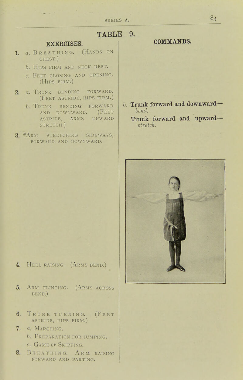 TABLE 9. EXERCISES. o. Breathing. (Hands on CHEST.) b. Hips firm and neck rest. c. Feet closing an'd opening. (Hips firm.) a. Trunk bending forward. (Feet astride, hips firm.) b. Trunk bending forward and downward. (Feet astride, arms upward stretch.) *Arm stretching sideways, forward and downward. COMMANDS. b. Trunk forward and downward- ben rf. Trunk forward and upward- stretch. Heel raising. (Arms bend.) Arm flinging. (Arms across bend.) Trunk turning. (Ficet astride, hips firm.) a. Marching. b. Preparation for .tumping. c. G/VME OK Skipping. Breathing. Arm raising forward and parting.