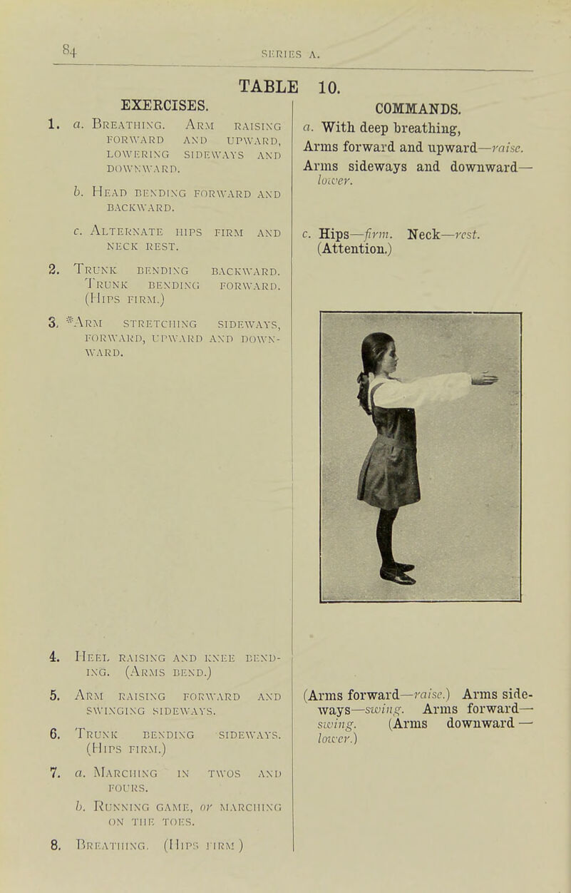 EXERCISES. 1. a. Breatuixg. Arm raising FORWARD AND UPWARD, LOWKRING SIDEWAYS AND DOWNWARD. TABLE 10. COMMANDS. a. With deep breathing, Arms forward and upward—razse. Arms sideways and downward- b. Head bending forward and BACKWARD. c. Alternate mips firm and neck rest. 2. Trunk bending backward. Trunk bendinc; forward. (Mips firm.) 3. *ArM STRETCHING SIDEWAYS, forward, I'PWARD AND DOWN- WARD. 4. Heel raising and knee ef.nd- inG. (Arms bend.) 5. Arm raising forward and swinging sideways. 6. Trunk bending sideways. (Hips firm.) 7. a. Marching in twos and fours. b. Running game, nr marching on the toi's. 8. P)Reathing. (Hip;; firm) loiver. c. Hips—firm. Neck—rest. (Attention.) (Arms forward—raise.) Arms side- ways—siviiif^. Arms forward—■ swing. (Arms downward — loicer.)