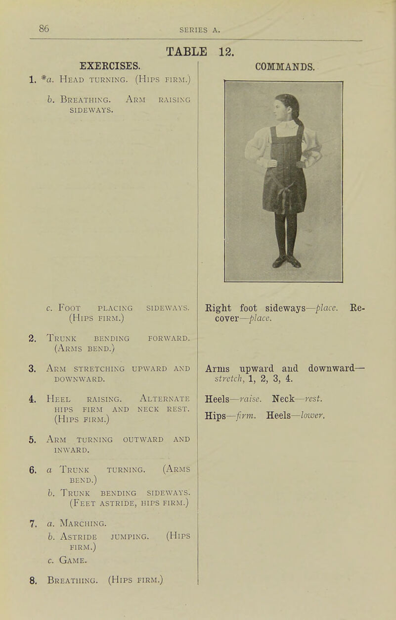 TABLE 12. EXERCISES. 1. *a. Head turning. (Hips firm.) b. Breathing. Arm raising SIDEWAYS. c. Foot placing sideways. (Hips firm.) 2. Trunk bending forward. (Arms bend.) 3. Arm stretching upward and downward. 4. Heel raising. Alternate HIPS firm and neck rest. (Hips firm.) 5. Arm turning outward and INWARD. 6. a Trunk turning. (Arms bend.) b. Trunk bending sideways. (Feet astride, hips firm.) 7. a. Marching. b. Astride jumping. (Hips FIRM.) c. Game. 8. Breathing. (Hips firm.) COMMANDS. Right foot sideways—place. Re- cover—place. Arms upward and downward- stretch, 1, 2, 3, 4. Heels—raise. Neck—rest. Hips—firm. Heels—lower.