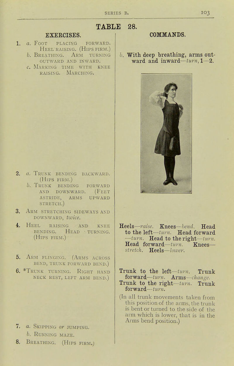 TABLE 28. EXERCISES. a. Foot placing forward. Heel RAISING. (Hips firm.) h. Breathing. Arm turning OUTWARD and INWARD. c. Marking time with knee RAISING. Marching. 2. a. Trunk bending backward. (Hips firm.) h. Trunk bending forward and downward. (Feet astride, arms upward STRETCH.) 3. Arm stretching sideways and DOWNWARD, twice. 4. Heel raising and knee BENDING. Head ■ turning. (Hips firm.) 5. Arm flinging. (Arms across bend, trunk forward bend.) 6. *Trunk turning. Right hand keck rest, left arm bend.) 7. a. Skipping or jumping. h. Running maze. 8. Breathing. (Hips firm.; COMMANDS. 6. With deep breathing, arms out- ward and inward—turn,l—2. Heels—raise. Knees—bend. Head to the left—turn. Head forward —turn. Head to the right—iitm. Head forward—turn. Knees— stretch. Heels—lower. Trunk to the left—Trunk forward—turn. Arms—c7;a;;j,r. Trunk to the right—turn. Trunk forward—turn. (In all trunlv movements taken from this position of the arms, tlie trunk- is bent or turned to the side of the arm which is lower, that is in the Arms bend position.)