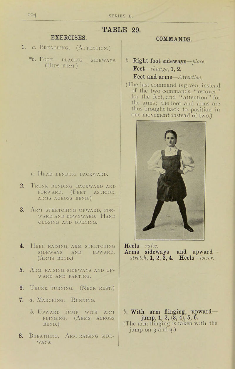 TABLE 29. EXERCISES. 1. o. Breathing. (Attentiox.) *b. Foot rLAcixc (Hips firm.) SIDEWAYS. C. l\\:\D JJENDI.NG BACKWARD. 2. 'J'rLXK liEXDlXG BACKWARD AND ■ FORWARD. (Feet astride, ARMS ACROSS 13EXD.) t. Arm STRETClilXG UPWARD, FOR- WARD AXD DOWNWARD. HaXD CLOSIXG AXD OPENING. :. Heel raising, arm stretciiixg sideways and upward. (Arms bend.) I. Ar.m raising sideways and up- ward and parting. I. Trunk turning. (Neck rest.) . a. Marching. Running. h. Upward jump with arm FLINGING. (Arms across bend.) . Breathing. Ar.m raising side- ways. COMMANDS. b. Right foot sideways—place. 'Feet—change, 1, 3. Feet and SiYms—Attention. (The last command is given, instead of the two commands, recover for tlie feet, and  attention  for the arms; the foot and arms are thus brought back to position in one movement instead of two.) Heels—raise. Arms sideways and upward— stretch, 1, 2, 3, 4. Heels—luwer. h. With arm flinging, upward- jump, 1, 2, (3, i), 5, 6. (The arm Hinging is taken with the