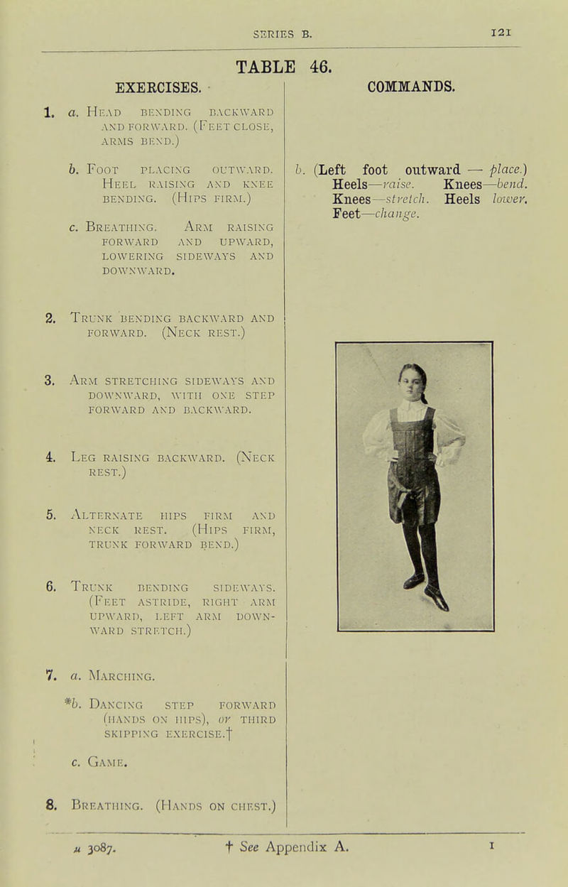 TABLE 46. EXERCISES. a. Hf.ad bexdixg dacivWard AN'D FORWARD. (FeET CLOSE, ARMS BEXD.) b. Foot placixg outward. Heel raisixg and kxee BEXDIXG. (Hips firm.) c. Breatiiixg. Arm raisixg forward axd upward, lowerixg sideways axd dowxward. Trunk bexdikg backward and FORWARD. (Neck rest.) Arm stretchixg sideways axd dowxward, with oxe step forward axd backward. Leg RAISIXG backward. (Neck REST.) AlTERXATE HIPS FIRM AXD XECK REST. (Hips firm, TRUXK forward BEXD.) Truxk bexdixg sideways. (Feet astride, right arm upward, left arm down- WARD stretch.) COMMANDS. h. (Left foot outward — place.) Heels—raise. Kliees—bend. Knees—stretch. Heels hwey. Feet- -chaiige. a. IMarchixg. *6. Dancixg step forward (haxds ox iiip.s), or third skippixg exercise.! c. Game. Breatiiixg. (Hands on chest.)