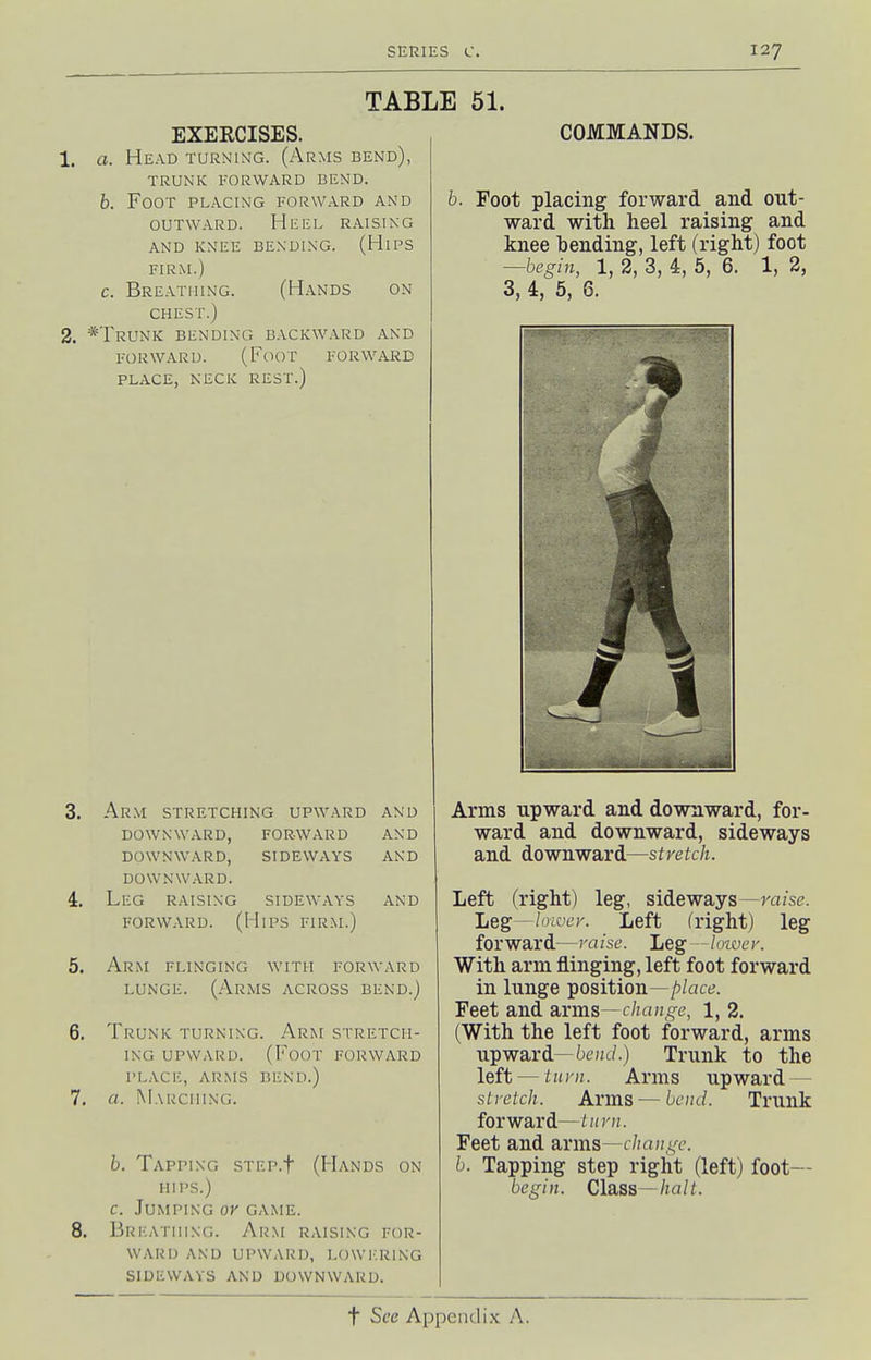 TABLE 51. EXERCISES. 1. a. Head turning. (Arms bend), TRUNK FORWARD BEND. b. Foot placing forward and OUTWARD. Heel raising and knee bending. (Hips FIRM.) c. Breathing. (Hands on CHEST.) 2. *Trunk bending backward and forward. (Foot forward place, neck rest.) COMMANDS. 3. Arm stretching upward and downward, forward and downward, sideways and downward. 4. Leg raising sideways and forward. (Hips firm.) 5. Arm flinging with forward lunge. (Arms across bend.) 6. Trunk turning. Arm stretch- ing UPWARD. (Foot forward I'LACIC, ARMS bend.) 7. a. Marching. b. Tapimnc; sTEP.f (Hands on HIPS.) c. Jumping or game. 8. Breathing. Arm raising for- ward and upward, LOWI'RING sideways and downward. Foot placing forward and out- ward with heel raising and knee bending, left (right) foot —begin, 1, 2, 3, 4, 5, 6. 1, 2, 3, 4, 5, 6. Arms upward and downward, for- ward and downward, sideways and downward—stretch. Left (right) leg, sideways—ra/sc. Leg—/oioer. Left (right) leg forward—raise. I,eg—loiver. With arm flinging, left foot forward in lunge position—/)/act;. Feet and Sirms—change, 1, 2. (With the left foot forward, arms upward—6euc/.) Trunk to the left — turn. Arms upward — stretch. Arms — Lend. Trunk forward—turn. Feet and arms—change. b. Tapping step right (left) foot— begin. Cl&sa—halt.