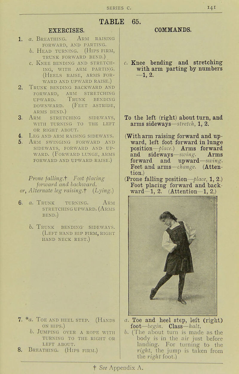 TABLE 65. EXERCISES. 1. a. Bri;atiiixg. Arm raising l-ORWARD, AXU PARTIXG. h. Head turning. (Hips firm, TRUNK FORWARD BEND.) c. Knee bending and stretch- ing, WITH ARM parting. (Heels raise, arms for- ward AND upward raise.) 2. Trunk bending backward and forward, arm stretching upw.ard. Trunk bending DOWNWARD. (Feet astride, arms bend.) 3. Arm stretching sideways, with turning to the left or right about. 4. Leg and arm raising sideways. 5. Arm swinging forward and sideways, forward and up- ward. (Forward lunge, arms forward and upward raise.) Prone jailing.^ Foot placing forivard and backivard. or, Alternate leg raising.f (Lying.) 6. a. Trunk turning. Arm STRETCHING UPWARD. (ArMS BEND.) b. Trunk bending- sideways. (Left hand hip firm, right hand neck REST.) 8. *a. Toe and heel step. (Hands ON HIPS.) h. Jumping over a rope with turning to the right or left about. Breathing. (Hips firm.) COMMANDS. c. Knee bending and stretching with arm parting hy numbers -1, 2. To the left (right) about turn, and arms sideways—stretch, 1, 2. (With arm raising forward and up- ward, left foot forward in lunge position—place.) Arms forward and sideways—swing. Arms forward and upward—swing. Feet and arms—change. (Atten- tion.) (Prone falling position—place, 1, 2.) Foot placing forward and back- ward—1, 2. (Attention—^1, 2.) a. Toe and heel step, left (right) foot—begin. Class—//a/L b. (The about turn is made as the body is in the air just before landing. For turning to the right, the jump is taken from the right foot.)