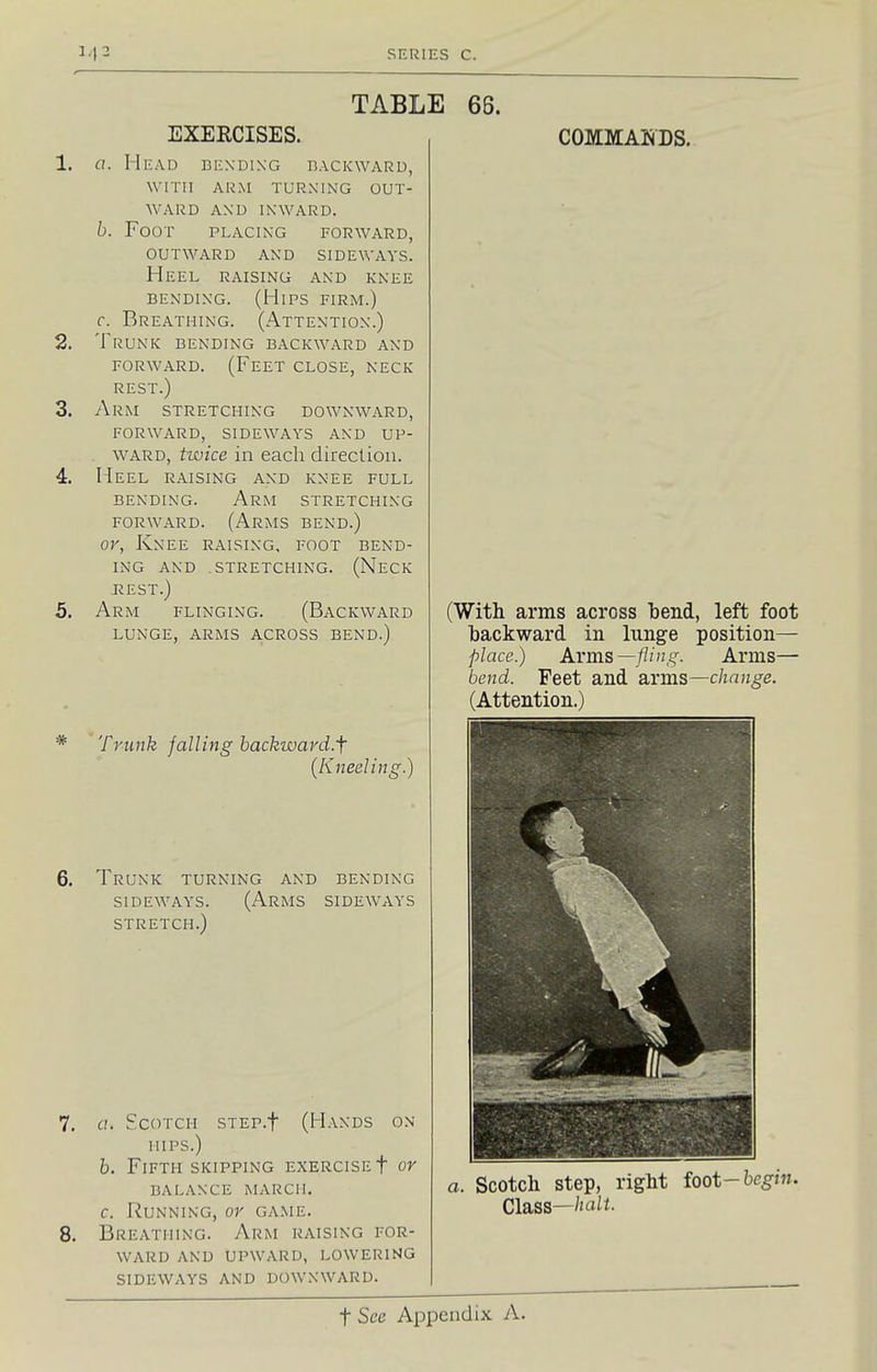 TABLE EXERCISES. 1. a. Head bending backward, WITH ARM TURNING OUT- WARD AND INWARD. b. Foot placing forward, outward and sideways. Heel raising and knee BENDING. (Hips firm.) Breathing. (Attention.) 66. 2. 3. 5. * c. Trunk bending backward and FORWARD. (Feet close, neck REST.) Arm STRETCHING DOWNWARD, FORWARD, SIDEWAYS AND UP- WARD, twice in each direction. Heel raising and knee full BENDING. Arm stretching forward. (Arms bend.) or, Knee raising, foot bend- ing and .stretching. (Neck REST.) Arm flinging. (Backward lunge, arms across BEND.) Trunk falling backward.f (Kneeling.) 6. Trunk turning and bending sideways. (Arms sideways stretch.) a. Scotch STEP.f (Hands on hips.) b. Fifth skipping exercise f or balance march, c. Running, or game. Breathing. Arm raising for- ward AND UPWARD, LOWERING SIDEWAYS AND DOWNWARD. COMMAlSlDS. (With arms across 'bend, left foot backward in lunge position— place.) Arms —fling. Arms- bend. Feet and Sirms—change. (Attention.) a. Scotch step, right foot-begin. Class—/i a/f.