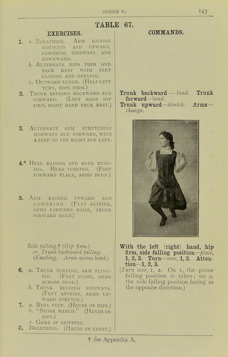 TABLE 67. EXERCISES. a. c. likEATHiNG. Arm raising sideways and upward, lowering sideways and downward. Alternate hips firm and neck rest ^vith feet CLOSING and opening. Outward lunge. (Half left TURN, hips firm.) Trunk bending backward and FORWARD. (Left hand hip firm, right hand neck rest.) Alternate arm stretching sideways and forward, WITH A step to the right and left. .* Heel raising and knee bend- ing. Head turning. (Foot forward place, arms bend.) . Arm raising upward and LOWERING (Feet astride, ARMS FORWARD RAISE, TRUNK FORWARD BEND.) Side jaUing,f (Hip firm.) or, Trunk backward jailing. (Kneeling. Arms across bend.) , a. Trunk turning, arm fling- ing. (Feet close, arms across bend.) b. Trunk bending sideways. (Feet astride, arms up- ward STRETCH.) , a. Reel step. (Hands on hips.) b.  Stork march. (Hands on hips.) c. Game or skipping. . Breathing. (Hands on chest.) COMMANDS. Trunk 'backward — bend. Trunk forward—bend. Trunk upward—stretch. Arms— change. With the left (right) hand, hip firm, side falling position—place, 1, 2, 3. Turn—ot'er, 1, 2. Atten- tion—1, 2, 3. (Turn over, i, 2. On i, Ihe prone falling position is taken; on 2, the side falling position facing in the opposite direction.)
