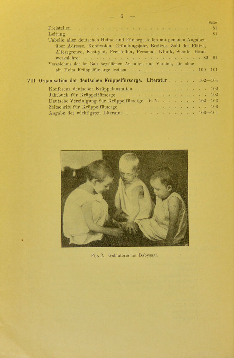 — 6 — Seite Freistellen t 81 Leitung . ■ 81 Tabelle aller deutschen Heime und Fürsorgestellen mit genauen Angaben über Adresse, Konfession, Gründungsjahr, Besitzer, Zahl der Plätze, Altersgrenze, Kostgeld, Freistellen, Personal, Klinik, Schule, Hand werkslehre 82—94 Verzeichnis der im Bau begriffenen Anstalten und Vereine, die ohne ein Heim Krüppelfürsorge treiben . .. 100—101 VIII. Organisation der deutschen Krüppelfürsorge. Literatur 102—104 Konferenz deutscher Krüppelanstalten 102 Jahrbuch für Krüppelfürsorge 102 Deutsche Vereinigung für Krüppelfürsorge. K. V 102 — 103 Zeitschrift für Krüppelfürsorgc 103 Angabe der wichtigsten Literatur 103—104 M *