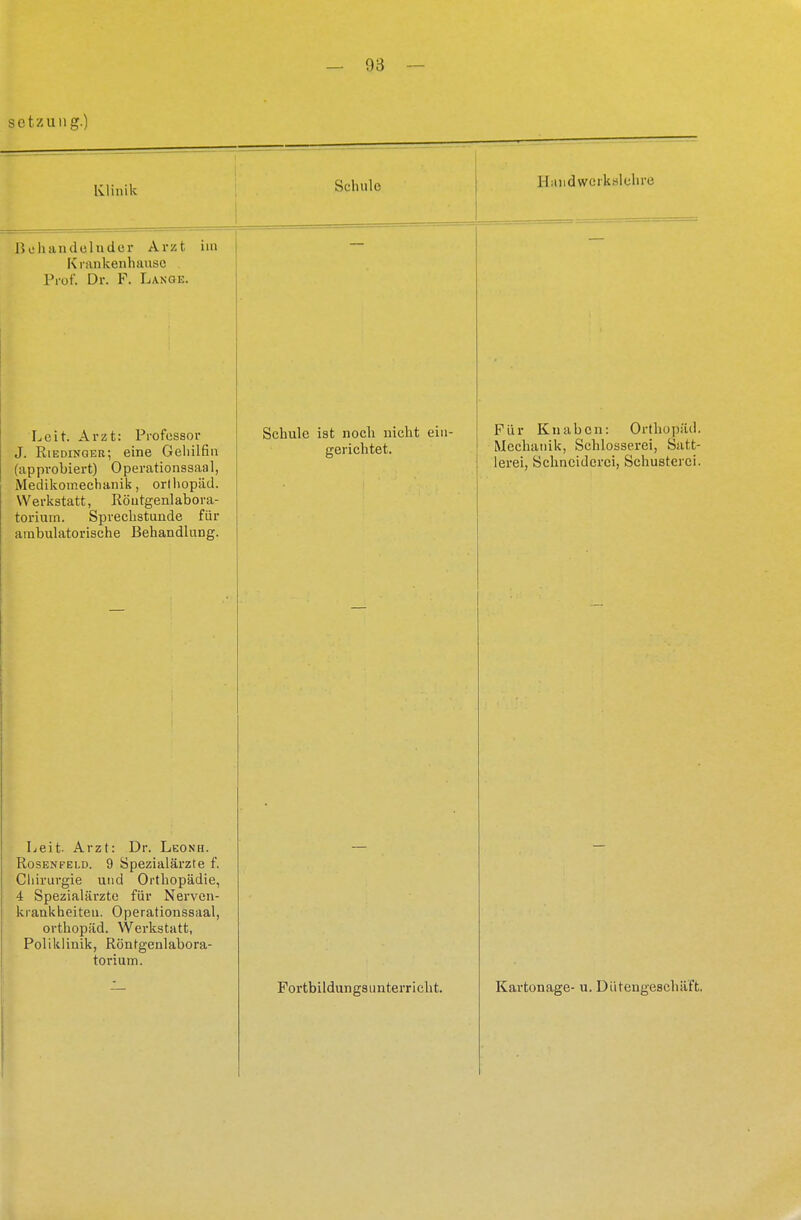 Setzung.) Klinik Behandelnder Arzt im Krankenhauso . Prof. Dr. F. Lange. Leit. Arzt: Professor J. Riedinger; eine Gehilfin (approbiert) Operationssaal, Medikomechanik, Orthopäd. Werkstatt, Röutgenlabora- torium. Sprechstunde für ambulatorische Behandlung. Leit- Arzt: Dr. Leonh. Rosenfeld. 9 Spezialärzte f. Chirurgie und Orthopädie, 4 Spezialärzte für Nerven- krankheiten. Operationssaal, Orthopäd. Werkstatt, Poliklinik, Röntgenlabora- torium. Schule n.mdwerkslchre Schule ist noch nicht ein- gerichtet. FortbildungSLinterricht. Für Knaben: Orthopäd. Mechanik, Schlosserei, Satt- lerei, Schneiderei, Schusterei. Kartonage- u. Düteugeschiift.