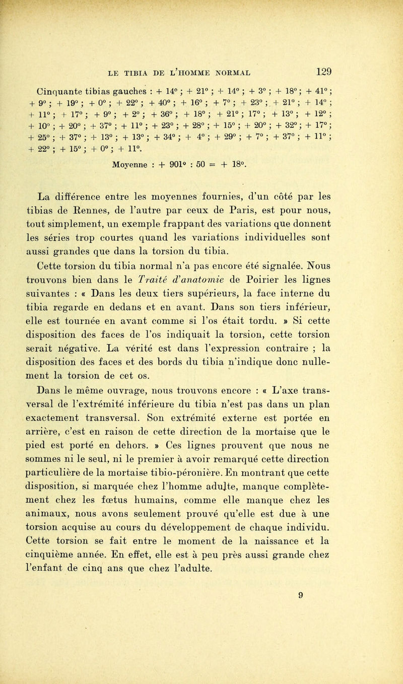 Cinquante tibias gauches : + 14° ; + 21° ; + 14° ; + 3° ; + 18°; + 41°; + 9° ; + 19° ; + 0° ; + 22° ; + 40° ; + 16° ; + 7° ; + 23° ;. + 21° ; + 14° ; + 11° ; + 17° ; + 9° ; + 2° ; + 36° ; + 18° ; + 21° ; 17° ; + 13° ; + 12° ; + 10° ; + 20° ; + 37° ; + 11° ; + 23° ; + 28° ; + 15° ; + 20° ; + 32° ; + 17° ; + 25° ; + 37° ; + 13° ; + 13° ; + 34° ; + 4° ; + 29° ; + 7° ; + 37° ; + 11° ; + 22° ; + 15° ; + 0° ; + 11°. Moyenne : + 901° : 50 = + 18°. La différence entre les moyennes fournies, d'un côté par les tibias de Rennes, de l'autre par ceux de Paris, est pour nous, tout simplement, un exemple frappant des variations que donnent les séries trop courtes quand les variations individuelles sont aussi grandes que dans la torsion du tibia. Cette torsion du tibia normal n'a pas encore été signalée. Nous trouvons bien dans le Traité d'anatomie de Poirier les lignes suivantes : « Dans les deux tiers supérieurs, la face interne du tibia regarde en dedans et en avant. Dans son tiers inférieur, elle est tournée en avant comme si l'os était tordu. » Si cette disposition des faces de l'os indiquait la torsion, cette torsion serait négative. La vérité est dans l'expression contraire ; la disposition des faces et des bords du tibia n'indique donc nulle- ment la torsion de cet os. Dans le même ouvrage, nous trouvons encore : « L'axe trans- versal de l'extrémité inférieure du tibia n'est pas dans un plan exactement transversal. Son extrémité externe est portée en arrière, c'est en raison de cette direction de la mortaise que le pied est porté en dehors. » Ces lignes prouvent que nous ne sommes ni le seul, ni le premier à avoir remarqué cette direction particulière de la mortaise tibio-péronière. En montrant que cette disposition, si marquée chez l'homme adulte, manque complète- ment chez les fœtus humains, comme elle manque chez les animaux, nous avons seulement prouvé qu'elle est due à une torsion acquise au cours du développement de chaque individu. Cette torsion se fait entre le moment de la naissance et la cinquième année. En effet, elle est à peu près aussi grande chez l'enfant de cinq ans que chez l'adulte. 9