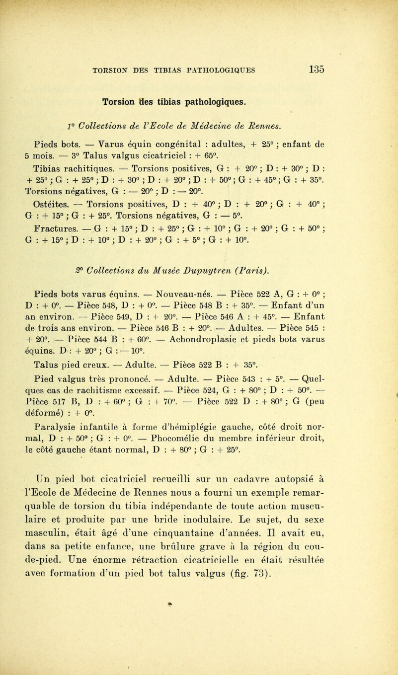 Torsion des tibias pathologiques. 1° Collections de l'Ecole de Médecine de Rennes. Pieds bots. — Varus équin congénital : adultes, + 25° ; enfant de 5 mois. — 3° Talus valgus cicatriciel : + 65°. Tibias rachitiques. — Torsions positives, G : + 20° ; D : + 30° ; D : + 25° ; G : 4- 25° ; D : + 30° ; D : + 20° ; D : + 50°; G : + 45°; G : + 35°. Torsions négatives, G : — 20° ; D : — 20°. Ostéites. — Torsions positives, D : + 40° ; D : + 20° ; G : + 40° ; G : + 15° ; G : + 25°. Torsions négatives, G : — 5°. Fractures. — G : + 15° ; D : + 25° ; G : + 10° ; G : + 20° ; G : + 50° ; G : + 15° ; D : + 10° ; D : + 20° ; G : + 5° ; G : + 10°. #° Collections du Musée Dupuytren (Paris). Pieds bots varus équins. — Nouveau-nés. — Pièce 522 A, G : + 0° ; D : + 0°. — Pièce 548, D : + 0°. — Pièce 548 B : + 35°. — Enfant d'un an environ. — Pièce 549, D : + 20°. — Pièce 546 A : + 45°. — Enfant de trois ans environ. — Pièce 546 B : + 20°. — Adultes. — Pièce 545 : + 20°. — Pièce 544 B : + 60°. — Achondroplasie et pieds bots varus équins. D : + 20° ; G : —10°. Talus pied creux. — Adulte. — Pièce 522 B : + 35°. Pied valgus très prononcé. — Adulte. — Pièce 543 : + 5°. — Quel- ques cas de rachitisme excessif. — Pièce 524, G : 4- 80° ; D : + 50°. — Pièce 51V B, D : + 60° ; G : f 70°. — Pièce 522 D : + 80° ; G (peu déformé) : + 0°. Paralysie infantile à forme d'hémiplégie gauche, côté droit nor- mal, D : + 50° ; G : + 0°. — Phocomélie du membre inférieur droit, le côté gauche étant normal, D : + 80° ; G : + 25°. Un pied bot cicatriciel recueilli sur un cadavre autopsié à l'Ecole de Médecine de Rennes nous a fourni un exemple remar- quable de torsion du tibia indépendante de toute action muscu- laire et produite par une bride modulaire. Le sujet, du sexe masculin, était âgé d'une cinquantaine d'années. Il avait eu, dans sa petite enfance, une brûlure grave à la région du cou- de-pied. Une énorme rétraction cicatricielle en était résultée avec formation d'un pied bot talus valgus (fig. 73).