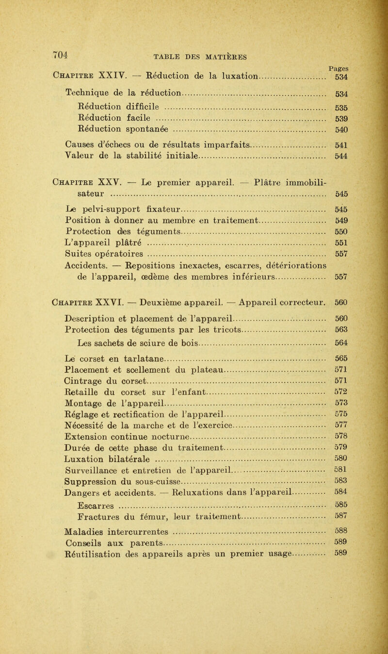 Pages Chapitre XXIV. — Réduction de la luxation 534 Technique de la réduction 534 Réduction difficile 535 Réduction facile 539 Réduction spontanée 540 Causes d'échecs ou de résultats imparfaits 541 Valeur de la stabilité initiale 544 Chapitre XXV. — Le premier appareil. — Plâtre immobili- sateur 545 Le pelvi-support fixateur 545 Position à donner au membre en traitement 549 Protection dies téguments 550 L'appareil plâtré 551 Suites opératoires 557 Accidents. — Repositions inexactes, escarres, détériorations de l'appareil, œdème des membres inférieurs 557 Chapitre XXVI. — Deuxième appareil. — Appareil correcteur. 560 Description et placement de l'appareil 560 Protection des téguments par les tricots 563 Les sachets de sciure de bois 564 Lé corset en tarlatane 565 Placement et scellement du plateau 571 Cintrage du corset 571 Retaille du corset sur l'enfant 572 Montage de l'appareil 573 Réglage et rectification de l'appareil 575 Nécessité de la marche et de l'exercice 577 Extension continue nocturne 578 Durée de cette phase du traitement 579 Luxation bilatérale 580 Surveillance et entretien de l'appareil 581 Suppression du sous-cuisse ••• 583 Dangers et accidents. — Reluxations dans l'appareil 584 Escarres 585 Fractures du fémur, leur traitement 587 Maladies intercurrentes • 588 Conseils aux parents 589 Réutilisation des appareils après un premier usage ... 589