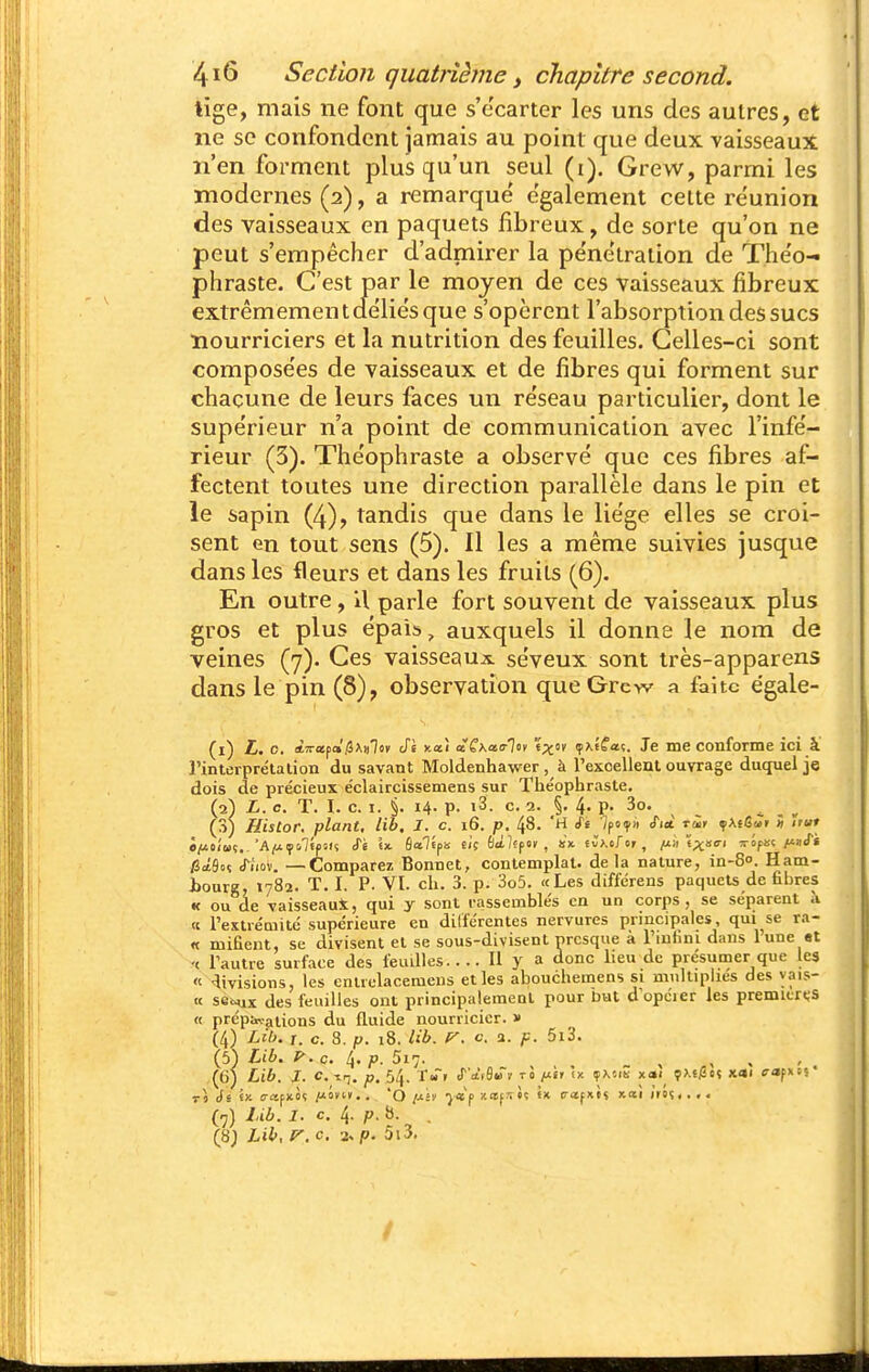 tige, mais ne font que s'e'carter les uns des autres, et ne se confondent jamais au point que deux vaisseaux n'en forment plus qu'un seul (i). Grew, parmi les modernes (2), a remarque' également celte réunion des vaisseaux en paquets fibreux, de sorte qu'on ne peut s'empêcher d'admirer la pénétration de The'o- phraste. C'est par le moyen de ces vaisseaux fibreux extrêmement déliés que s'opèrent l'absorption des sucs nourriciers et la nutrition des feuilles. Celles-ci sont composées de vaisseaux et de fibres qui forment sur chacune de leurs faces un réseau particulier, dont le supérieur n'a point de communication avec l'infé- rieur (3). Théophraste a observé que ces fibres af- fectent toutes une direction parallèle dans le pin et le sapin (4), tandis que dans le liège elles se croi- sent en tout sens (5). Il les a même suivies jusque dans les fleurs et dans les fruits (6). En outre, Il parle fort souvent de vaisseaux plus gros et plus épais, auxquels il donne le nom de veines (7). Ces vaisseaujt séveux sont très-apparens dans le pin (8), observation que Gre-w a faite égale- (1) £. c, ÀTrapa/î^itlov cTs y.œ! aCkairlev i^'^ (p>,éf<t;. Je me conforme ici à rinterprélalion du savant Moldenhawer , à l'excelleul ouvrage duquel je dois de précieux éclaircissemens sur The'ophraste, (2) L. c. T. I. c. I. §. 14- p. i3. c. 2. §. 4. p. 3o. ^ ^ (3) Hislor. plant, lib, I. c. i6. p. 48- '^p»?» ç>if6»f J è/iOi'uç.. A^çolfpsn (Tè ix Sœ^ép» ei's Ôiîfp , s» (^Mf'r, fj.ii tx>«^i îrôfsc /'««f* /5cî9(iç <riiov. —Comparez Bonnet, contemplât, delà nature, in-S. Ham- bourg. 1782. T. I. P. VI. ch. 3. p. 3o5. «Les différens paquets de fibres « ou de vaisseaui, qui y sont rassemble's en un corps, se séparent à a restréuiitc supérieure en dilférentes nervures principales, qui se ra- « mifient, se divisent et se sous-divisent nrcsque a riuiini dans lune et •< Tautre surface des feudles.... 11 y a donc lieu de présumer que les « -livisions, les cntrelacemens et les abouchemens si multiplies des yais- « set4ix des feuilles ont principalement pour but d opcier les premart;s « prépavations du fluide nourricier. » (4) Lib. i. c. 8. p. 18. lib. y. c. 2. p. 5i3. (5) Lib. c. 4. p. 517. , , . ' (6) Lib. I. c. p, 64. r«r cTarfitTi' to fji.ii (x ifX'-iti xai_ 9>.s4«? xoi s-af«»S* t\ ii (X o-apxôï /ionir.. 'O fj-h •jap xapèç tx «rctpxts xai iio-i,.,, (7) l,ib. I. c. 4. p. 8. . (8J Lib, t^. 0, 2. p. 5i3.