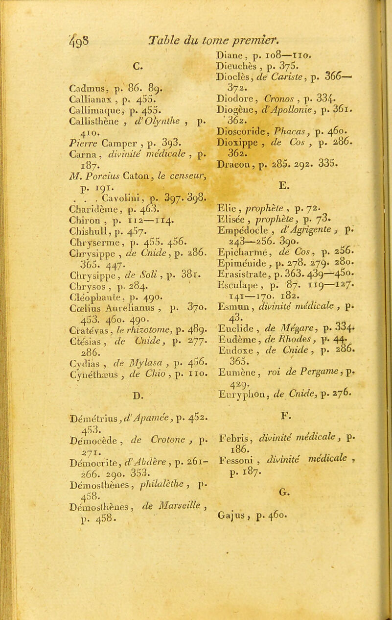 Diane, p. io8—Tlo. C. Dicuchès , p. 375. Diodes, de Cariste, p. 365— 372. Diodore, Cronos , p. 334- Diogèue, d'Apollonie, p. 36l. '302. Dioscoride, Phacas, p. 460. Dioxippe , de Cos , p. 286. 302. Diacon, p. 285. 292. 335. Cadmns, p. 86. 89. Calliauax , p. 455. Callimaque, p. 455. Callisthène , d'Olyiilhe , p. 410. Pierre Camper , p. 398. Cai^na , divinité' médicale , p. 187. M. Porcius Caton, le censeur, p. 191. . . . Cavolinl, p. 397.398. Chai'idème, p. 463. Chiron , p. 112—114. Cinsluill, p. 457. Chryserme, p. 455. 456. Chrysippe , de Cnide, p. 286. 365. 447. Cluysippe, de Soli , p. 38r. Chrysos , p. 284. Cléophaute, ]). 490 E. Elie , prophète , p. 72. Elisée, prophète, p. 73. Empe'docle , d'Agrigente , p. 243—256. 390. Epicliarmé, de Cos, p. 256. Epiméuide , p. 278. 279. 280. Erasistrate, p. 363. 439—-45o. Esculape , p. 87. T19—127. T41—170. 182. Cœlius Aurelianus , p. 370. Esmun , divinité médicale , p 453. 460. 490. 43. Crate'vas, le rhizotome, p. 489. Euclide , de Mégare, p. 3^4- etésias, de Cnide, p. . /Eviàeme , de Rhodes, ^. Eudoxe , de Cnide , p. 286. 365. Euniène, roi de Pergame, p. î86. Cydias , de Bfylasa , p. 456. Cynéthœiis , de Chio , p. iio. D. Démélrim,d' Jpamée, p. 452. 453. Démocède , de Crotone , p. 271. 429. Euiyphon, de Cnide, p. 276. F. Febris, divinité médicale , p. 186. Déinocrlte,£^'^Wère,p. 261- Fessoni , divinité médicale. 266. 290. 353. Démostbènes , philalèthe , p. 458. Démosthênes , de Marseille , p. 458- p. 187. G. Gajus, p. 460.