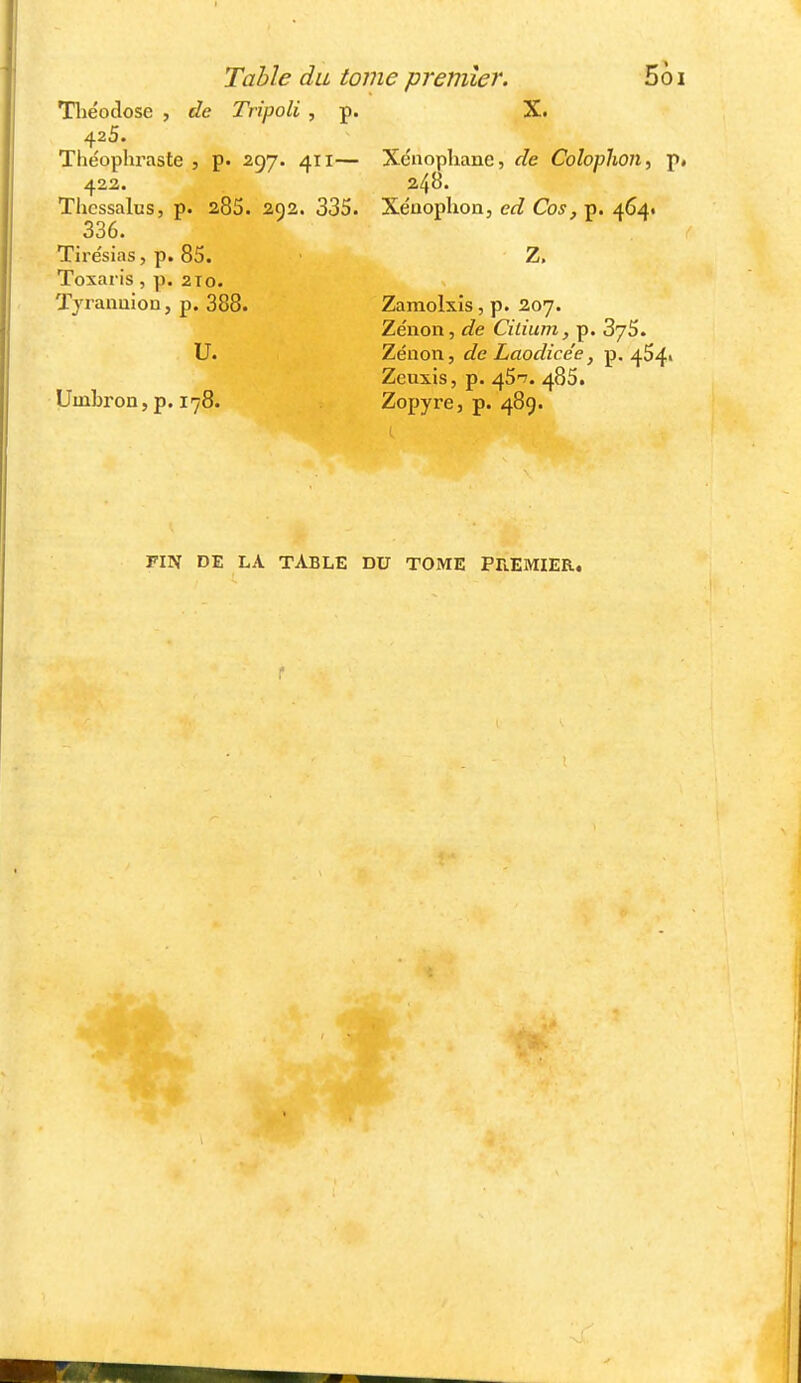 Tliéodose , de Tripoli , p. X. 425. Théophraste , p. 297. 411— Xénophanc, de Colophon, p. 422. 24^* Thcssalus, p. 285. 292. 335. Xéaoplion, ed Cos, p. 464. 336. Tirésias, p. 85. • Z. Toxaris, p. 210. Tyranuion, p. 388. Zamolxis , p. 207. Zenon, de Cilium, p. 375. U. Zenon, de Laodicée, p. 454» Zeuxis, p. 45'7. 485. Uinbron,p. 178. Zopyre, p. 489. FIN DE LA TABLE DU TOME PREMIER.