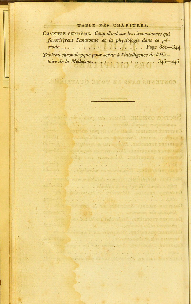 TABLE DES CHAPITRES. Chapitre septième. Coup d'œil sur les circonstances qui Javorisçrent l'anatomie et la physiologie dans ce pe'- riode v . • ... . . . . . Page 33i—844 Tableau chronologique pour servir à l'intelligence de l'His- toire de la Médecine. . . • . . . . 845—^445