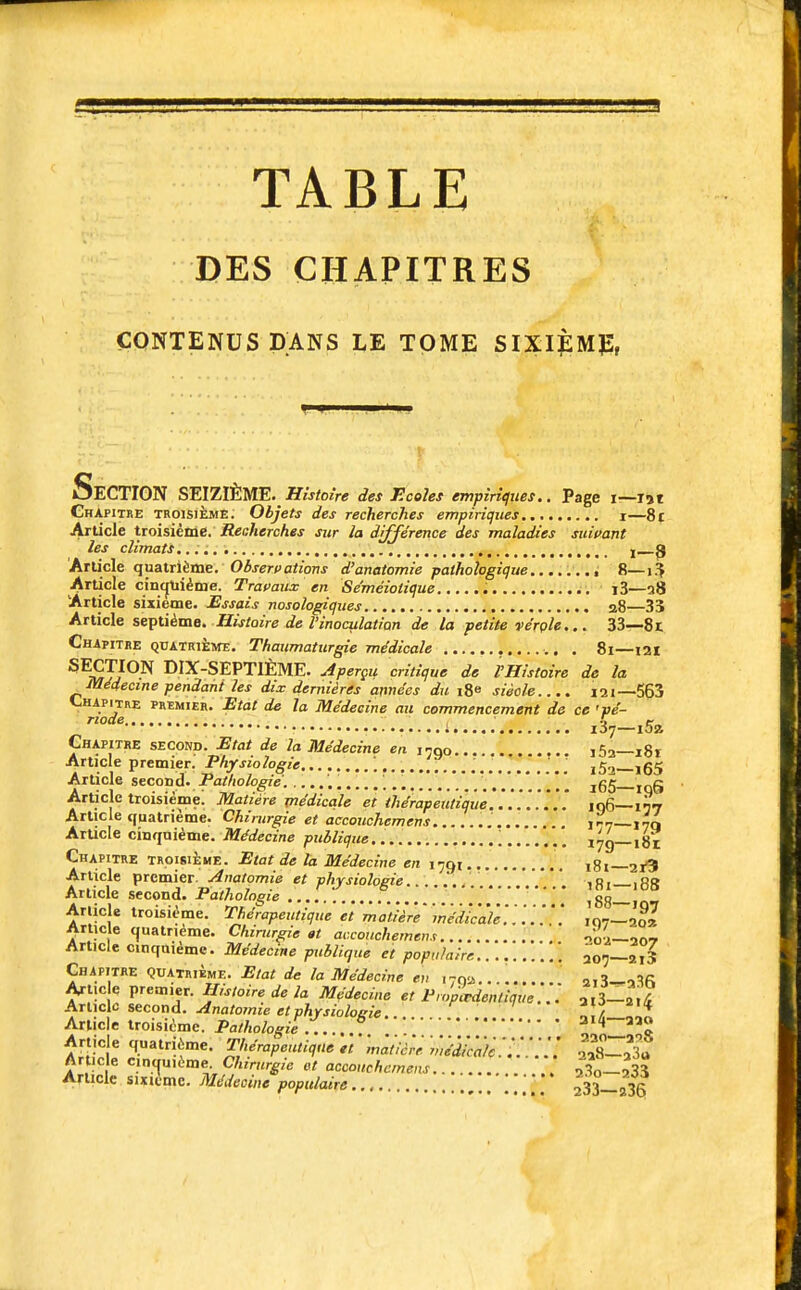 TABLE DES CHAPITRES CONTENUS DANS LE TOME SIXIÈMp, OECTION SEIZIÈME. Histoire des Ecoles empiriques.. Page i—151 Chapitre troisième. Objets des recherches empiriques i—81 Article troisième. Recherches sur la différence des maladies suivant les climats,... I ^ Arlicle qu&Vtièraz. Observations d'anatomie pathologique , 8—13 Article cintjtiième. Travaux en Se'méiotique i3—qS Article sixième. Essais nosologiques...., a8 33 Article septième. Histoire de l'inoculation de la petite vérçle... 33—81; Chapitre quatrième. Thaumaturgie médicale . 81—121 SECTION DIX-SEPTIÈME. Aperçu critique de l'Histoire de la Médecine pendant les dix dernières années du i8e siècle.... 121—563 Chapitive pbïmieh. Etat de la Médecine an commencement de ce 'pé- riode .5 e_ • i 107—loa Chapitre second. Etat de la Médecine en. irqo j63—181 Article premier. Physiologie 1.............. i5'> i65 Article second. Pathologie'. •.........'...... ..*.'..'.*.*.'..*!!!'. i65 loS Article troisième! Matière médicale et théràpèittiquè.106—1^7 Article quatrième. Chirurgie et accouchcmens jn^—j^Q Arucle cinquième. Médecine publique. ; 179—181 Chapitre troisième. Etat de la Médecine en 1791 i8i—2i3 Article premier. Anatomie et vliYsioloeie. ' ,q, ,«» Article second. Pathologie 188—/ Arlicle troisième. Thérapeutique Vt'môtSèrV Vnédlcaie'.'.'.'.'.'.'. 107—20I Artic e «juatneme. Chirurgie »t av.couchemem -o-i—îo^ Article cinquième. Médecine publique et populaire ^o,-^,? Chapitre quatrième. Etat de la Médecine ev 170^........ a,3_o1fi Article premier. Histoire de la Médecine et Propcvdenlique..'. Article second, ^nn/nmr/. ,^„/.^„V,7„„.-- ^ ' ^f Article second, -rfna/owîe e/p/iyj/o/oe-/*. * ^,/_ Arlicle troisième. Pathologie ^ _ thologie ....... . . Q. Article quatrième. Thérapeutique ,t maiicre wédic^c : ! ! : ! !! 2a8_33« Article cintfuième. Chirurgie et accouchcmens 2?o-233 Article sixième. Médecine populaire.... 233 a36 220 >S a