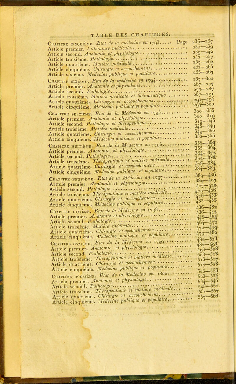 TABLE DES CHAPLTRES. Chapitre cinquième. Etat de la médecine «n lygS Page ^SG—aG? Article premier. I.iltémtare médicale.... ^ Article second. Aiiatomie et physiologie....,.. .^..^ Article troisième. Pathologie » .....:.».. ^^^—262 Article quîilrième. Matière jnédicale 209 Article cinquième. Cliirurgie et accouchemens fi^ Article sixième. Médecine publique et populaire 2t>>—207 Chapitre sixième. Etat de la médecine en 1794-y-S-î'f Article premier, Anatomie et physiologie.l. • 207 277 Article second. Pathologie ^'^ Ç Article troisième. Matière médicale et thérapeutique 2B7 29^ Article quatrième. Chirurgie et aocouchemens. • y . 'i^'^, 9* Article cinquième. Médecine piihliquê et populatfe.:.\......... 294^ Chapitre septième. Etat de la Médecine en l'jgS |°°Z3iq Article premier. Anatomie et physiologie ° ^/^ Article second. Pathologie et thérapeutique..., ••• o/§_3L Article troisième. Matière médicale J^. Article quatrième. Chirurgie pt accouchemens. aSo~355 Article cinquième, 7Wt^eci'(e piii^is et populaire Chapitre iiniTiÈME. Etat de la Médecine en I79^vr.>f ffwtV--.155--^^$ Afticle premier. Anatomie et physiologie v 3g/_3„* Article second. Pathologie • ' * d-o—jls Article troisième. Thérapeutique et matière médicale......... Article quatrième. Chirurgie et accouchement.... i.,-..rrr.tr,..^2, .^^^ Article cinquième. Médecine publique et populaire .y.,.. g Chapitre neuvième. Etat de la Médecine en 1797.. ....i^.... 7 Article premier. Anatomie et physiologie.. ^ , Article second. Pathologie, •.•■v.'.V* ' >,„„_io6 Article troisième. Thérapeutique et matière médicale..,.,y.,..- ,|^g Article quatrième. Chirurgie et accoufheméns.. ••••••• Jj^-^^Jhs Article cinquième. Médecine publique et popuLaiKe. . . .. ^^^^.^^ Chapitre dixième. Etat de la Médecine en 1798.... -, : - Article premier. Anatomie et physiologie.... '*'**',' 445—464 Article second. Pathologie. ] —/^..^ Article troisième. Matière médicdleV. : • /A-^q Article quatrième. Chirurgie éfaCCoUchemens. • • • ^L—Isa Article cinquième. Médecine publique et pûpUlaire.. Is^—SaS Chapitre oim2jème. Etat de. la Médecine en 1799...... : 782-4q3 Article premier. Anatomie et physiologie._^....^.._yy.. Aq3_5o3 Article second. Pathologie ' 5o3—5iî Article troisième. Thérapeutique et matière médicale...^,'.... ^^^^^^ Article quatrième. Chirurgie et accouchemens. ^ s-i^i Article cinquième. Médecine publique et populaire.,y. ..^^ 523-563 Chapitre ooczième. Etat de /a Médecine en i8ocr,j^j^js^ Article premier. Anatomie et physiologie ^ 534—545 Article second. Pathologie. • • ' \ \ \ \, 545—55t Article troisième. Thérapeutique et matière médicale ^ 55,-557 Article quatrième. Chirurgie et accouchemens... 557—563 AiÙcle ciptjuièaic. Médecine publique et populaire