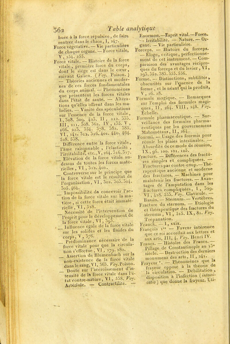 buée à la force répulsive , de faire Eiiormon.-Esprit rentrer dans le chaos, I, î/iz- Force végétative. — Vie particulière de chaque organe.— Force vitale, V, 254. 255. Force vitale. — Histoire de la force vitale , première force du corps, dont le siège est dans le cœur , suivant Galien. ( Koy. Poison. ) Théories anciennes et moder- nes de ces forces fondamentales du corps animal. — Phénomènes que présentent les forces vitales dans l'état de santé. — Altéra- tions qu'elles bfl'rent dans les ma- ladies. — Vanité des spéculations sur l'essence de la force vitale, I,3o8. Jog. Il, 112. 555. JII, 211. 3o8. 362. IV , i35. V , i66. ai3. 354. 37S. 582. 385. VI, i4i. 5i2, 5i6. 401. 44o- 4(54- 528. 558. _ Différence entre la force vitale, l'âme raisonnable , l'élasticité , l'irritabilité, etc.,V, 264. 3i6.317. _ Elévation de la force vitale au- dessus de toutes les forces maté- rielles , VI , 3i2. 4oi. _ Controverse sur le principe que la force vitale est le résultat de l'organisation, VI , 3o2. 5o3.3o4 3o5.464' . ,, _ Impossibilité do concevoir lac tion de la force vitale sur la ma- tière , si cette force était immaté- rielle , VI, SaS. Nécessité de l'intervention de l'esiprit pour le développement de la force vitale , VI, Sgj. Innuence égale de la force vitale sur les solides et les fluides du corps, V, 376. . 1 i„ _ Prédominance nécessaire de la force vitale pour que la circula- tion s'elTectue , VI, 279. 280. _ Assertion de Blumeabach sur la non-existence de la force vitale danslcsang,Vl, 563. roy.Poison. _ Doute sur l'accroissement a in- tensité de la force vitale dans l'é- tat rotitre-nature, VI, 5^8. Foy. Aitérjole. — CoatractilUe. — Irritabilité. — Nature. — Or- gane. — Vie particulière. Forceps. — liibtoire du forceps. — Eloge, critique, perfectionne- ment de cet instrument. — Com- paraison des avantages récipro- ques du forceps et du levier , VI, 293.552.385.555.556. Forme. — Distinctions, subtilités, obscurités sur l'essence de la forme , et le néant qui la produit, V 2G.28. Formule magique. — Remarques sur l'emploi des formules magi- ques, II, 264. Vlll, 248. Foy. Echelle; Formule pharmaceutique. — sur- veillance des formules pharma- ceutiques par les gouvernemens Mahométans, II , 264. Fourmi. — Usage des fourmis pour réunir les plaies intestinales. — Absurdité de ce mode de réunion, IX, 96. 100. 101. iû5. Fracture. — Différences des fractu- res simples et compliquées. — Fractures par contre-coup.—lne- rapeutique ancienne et moderne des fractures. — Machines pour maintenir les fractures. — Avan- tages de l'amputation dans_ les fractures compliquées, I, 529. VI , 4 28. 555. Fov. Clavicule. — Bassin. — Sternum. — Vertèbres. Fracture du sternum. — Etiologie et thérapeutique des fractures du sternum, VI, 5i5. IX, Si. Foy. Trépanation. Franck. — I, xxix. François 1 - Faveur intéressée que ce roi accordait aux lettres et aux arts, III, 4- f'oy. Henri IV. Francs. — Histoire des Francs.— Pillage de Constantinople au u siècle. — Destruction des derniers nionnmens des arts, 11 , 241. Fraveur *. — Phénomènes que la f/ayeur oppose à la théorie de la circulaUon. - Déhil.tat.on , disposition ii l'infection ( >ntoxi- catio) que donne la frayeur, LU-