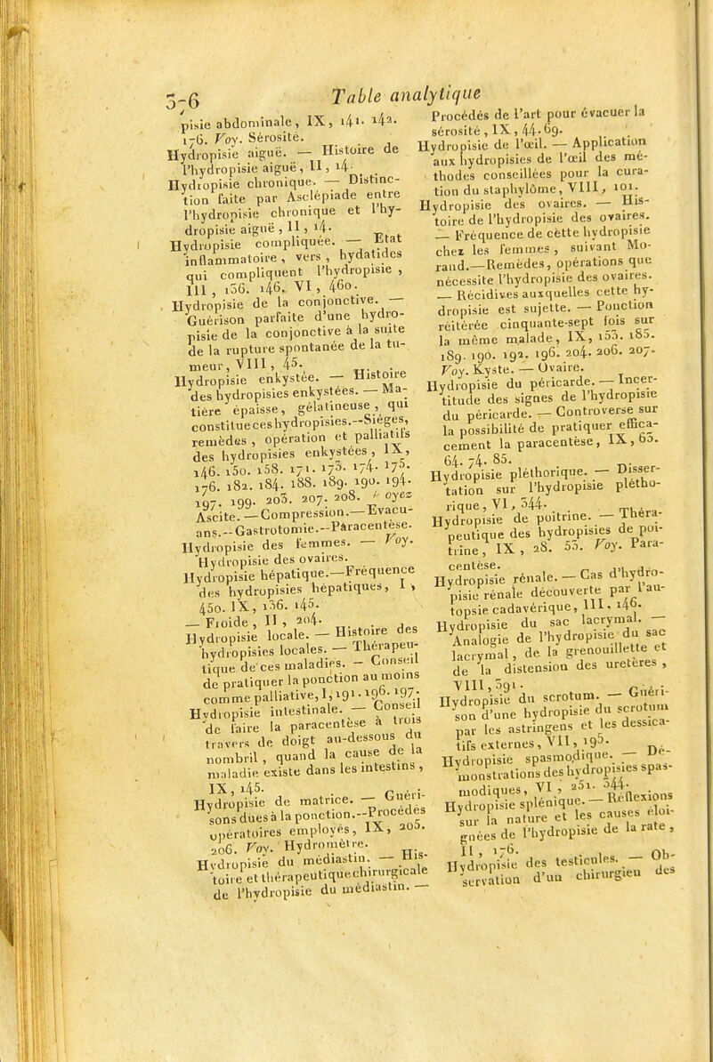 5-6 Table anatytlfiue 'pisie abdominale, IX, 4.. -4^- P'o6dés de l'art pour évacuer la de 1-0. Foy. Sérosité. Ilydropisie aiguë. — Histoire l'hydropisie aiguë, II, i4_^_ . Ilydropisie chronique. — Distinc- tion faite par Asclépiade entre l'hydropisie chronique et 1 hy- dropisiè aignë, 11, i4. Hvdropisie compliquée. — ttat inflammatoire, vers, hydatidcs qui compliquent l'hydropisie , 111 , i56. 46. VI , 46o. Hvdropisie de la conjonctive. — Guèrison parfaite d'une hydro- pisle de la conjonctive à la suite de la rupture spontanée de la tu- meur, VIll, 45. . Hvdropisie enkystée. — U'^^o^''^ des hydropisies enkystées. — Ma- tière épaisse, gélatineuse, qui constitueceshydropisies.-iMeges, remèdes, opération et pall.atils des hydropisies enkystées, lA, i/,6. i5o. i58. 171. 175- '74- 17^- J76. 182. 184. 18S. 189. 190. .94- 197. 199- 2o3- ^07- //cite - Compression.—Evacu- ans.-Gastrolomie.-PAracentèse. Hydropisie des femmes. — roy. Hvdropisie des ovaires. Hydropisie hépatique.-Fréquence des hydropisies hépatiques, 1, 450. IX, ii6. i45- _ Fioide , II , 2o4. . Hydropisie locale. - Histoire des Ldropisies locales. - Thérapeu- tique de ces maladies. - Consed de pratiquer la ponction au monis coriime palliative, 1,191.196^9/• Hydropisie intestinale - Couse 1 de faire la paracentèse a trois ' u-ivers de doigt au-dessous dii nombril, quand la cause de a maladie existe dans les intestins , IX, 45. . p Hvdropisie de matrice. ^«,'.' Lns'dues à la ponction.-Procedes opératoires employés, IX, aoa. 206. r«y. Hydro-nèire. Hvdropisie du med.astiu. - M'S toii e et thérapeutiquech.rurgicale de l'hydropisie du mediastin. — sérosité , IX, 44-69- Hydroplsie de l'œil. — Application aux hydropisies de l'œil des mé- thodes conseillées pour la cura- tionduslaphylôme, VllI, 101. Hydropisie des ovaires. — His- toire de l'hydropisie des ovaires. — Fréquence de cette hydropisie chez les femmes, suivant Mo- rand.—Remèdes, opérations que nécessite l'hydropisie des ovaires. _ Récidives auxquelles cette hy- dropisie est sujette. — Ponction réitérée cinquante-sept lois sur la môme malade, IX, i53. iSd. 1S9. 190. 192. •96- 204. 206. 207. Foy. Kyste. — Ovaire. Hvdropisie du péricarde.—-Incer- titude des signes de l'hydropisie du péricarde. — Controverse sur la possibilité de pratiquer effica- cement la paracentèse, IX, bo. 64. 74. 85. . Hvdropisie pléthorique. — U'sser tation sur l'hydropisie plétho- rique, VI ,544- Hvdropisie de poitrine. — Itiera peutique des hydropisies de poi- trine, IX, 28. 55. roy. Para- H;dpî:i; rénale.-Cas d'hydnj- pisie rénale découverte par l au- topsie cadavérique, 1U , i4Ç- Hydropisie du sac \nalogie de l'hydrop.s.e du «^-^ lacrymal, de la grenouillette et de la distension des uretère» , VIII, 591. p , ; Hvdropisie du scrotum. — ^e>> fon S'une hydropisie du scrotun par les astringeus et les dessica tifs externes, VU, 195. modiques, VI , 231. o44- modiques, y 5 - n,.nexions «^ïtta^SrTï;;^f-i- g éesde l'hydropisie de la rate , nidropist des testicnlRS. - Oh- Lrv.\tion d'un ch.mrg.eu de.